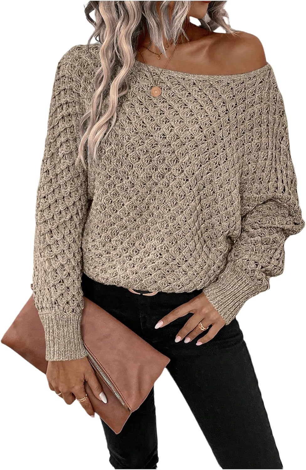 SweatyRocks Women's Off The Shoulder Sweater Boat Neck Dolman Sleeve Crochet Knit Pullover Sweaters