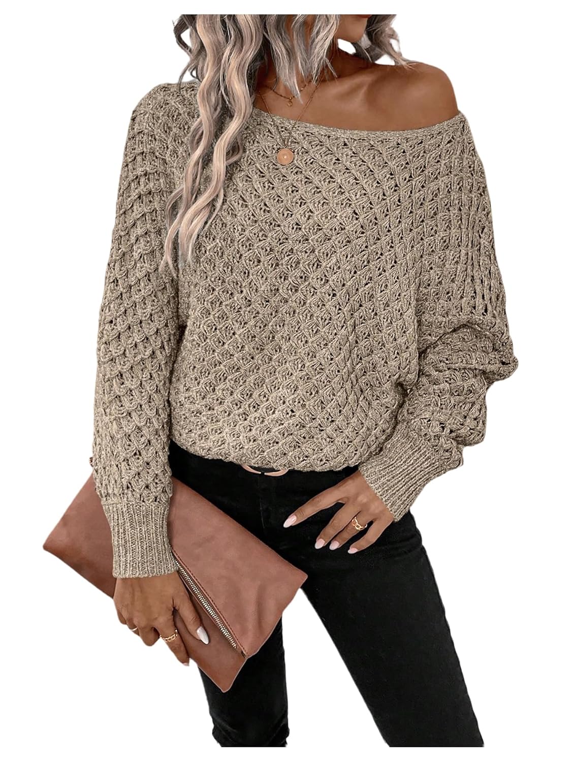 SweatyRocks Womens Off The Shoulder Sweater Boat Neck Dolman Sleeve Crochet Knit Pullover Sweaters