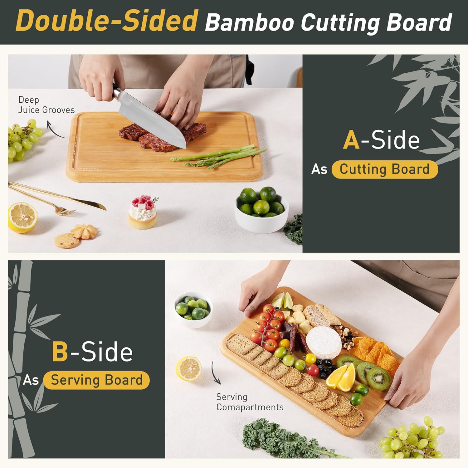 Extra Large Bamboo Cutting Board Set Over Sink Nice Solid Thick Wood Juice Groove Chopping Board Big Best Hardwood Counter Organic Vegetable Kitchen Gadgets Apartment Essentials for Meat Fruit Cheese