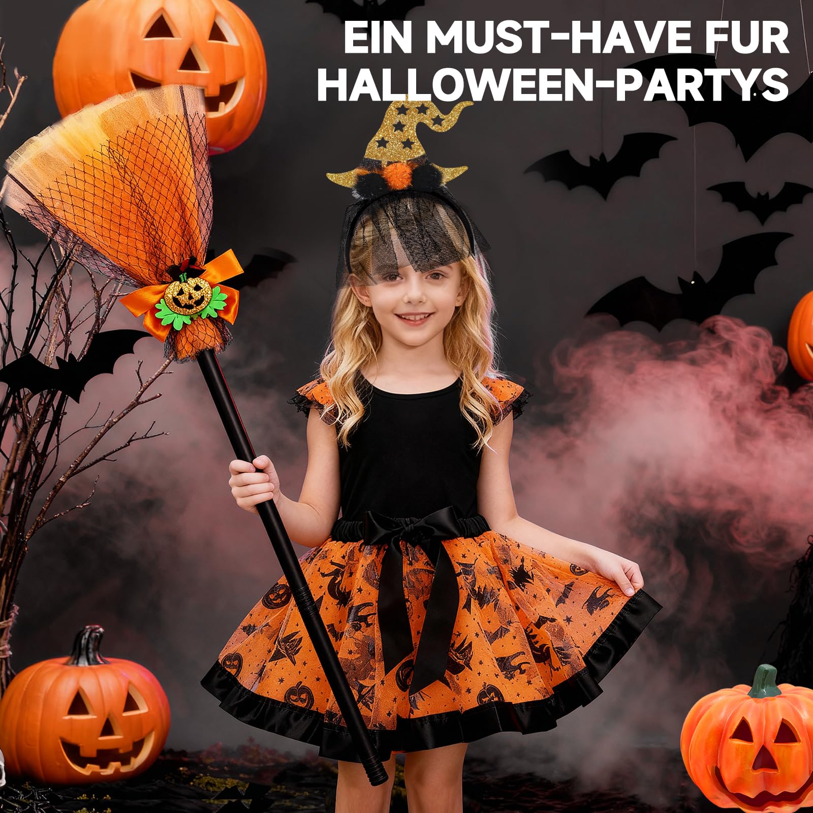 Kinwers Witch Costume Kids,3 Piece Halloween Costumes Tutu Skirt Girls Broom for Kids Girls Halloween Fancy Dress Cosplay - Image 3