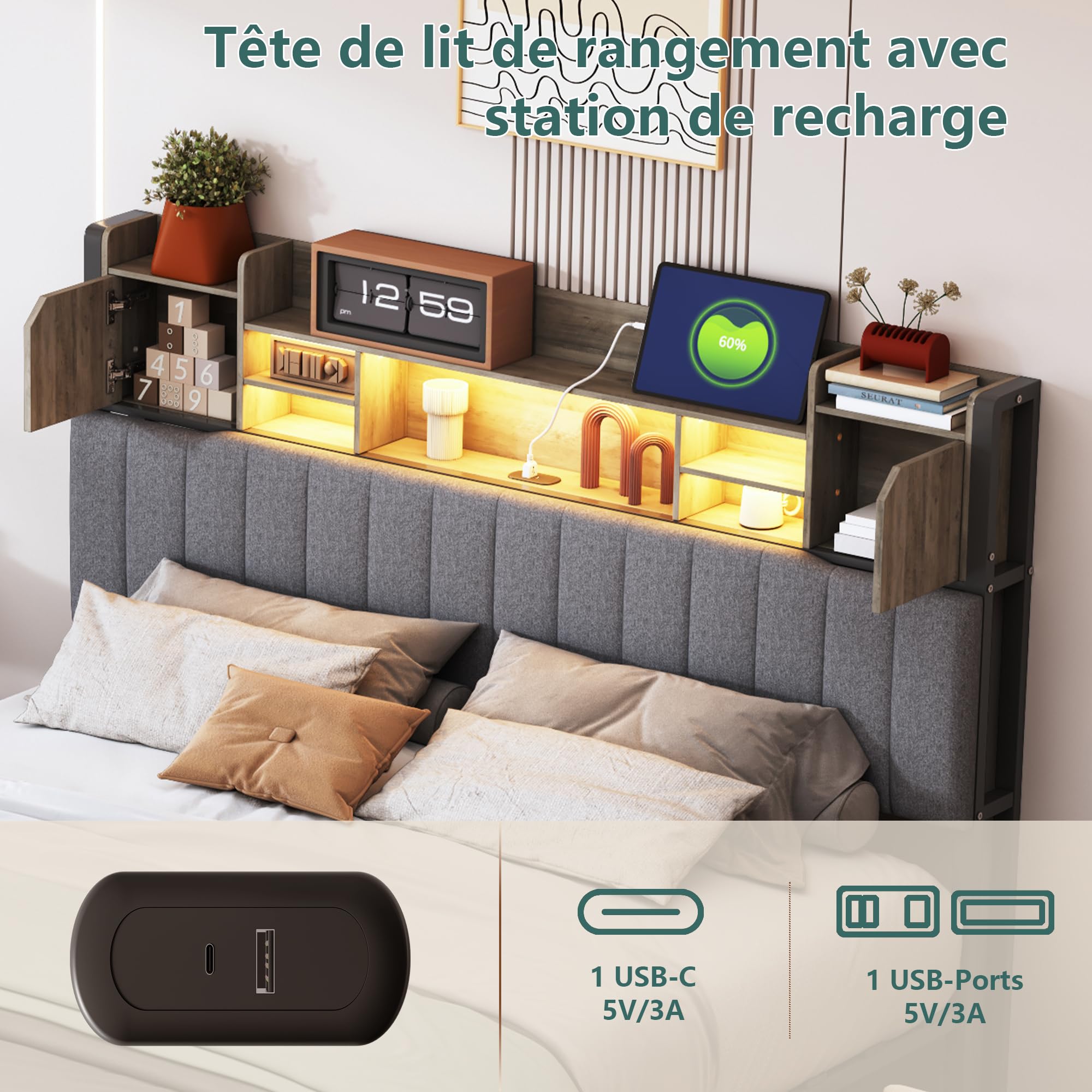 Bed 140 x 200 cm, met lattenbodem, tweepersoonsbed met led en USB-oplader, gestoffeerde bedden met 4 laden, hoofdeinde met opslag, Li t 2 personen, voor volwassenen, jongeren, fluweel, beige (140 x