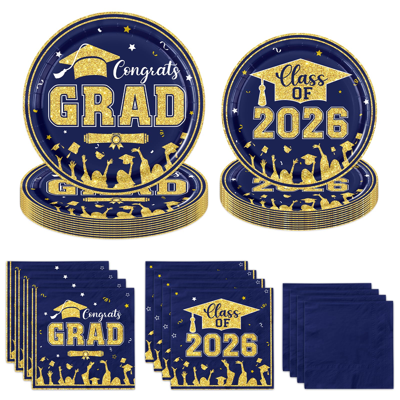 Graduation Party Decorations 2026 Navy Blue and Gold,Disposable Congrats Grad Plates and Napkins Supplies Set,for College High School Graduation
