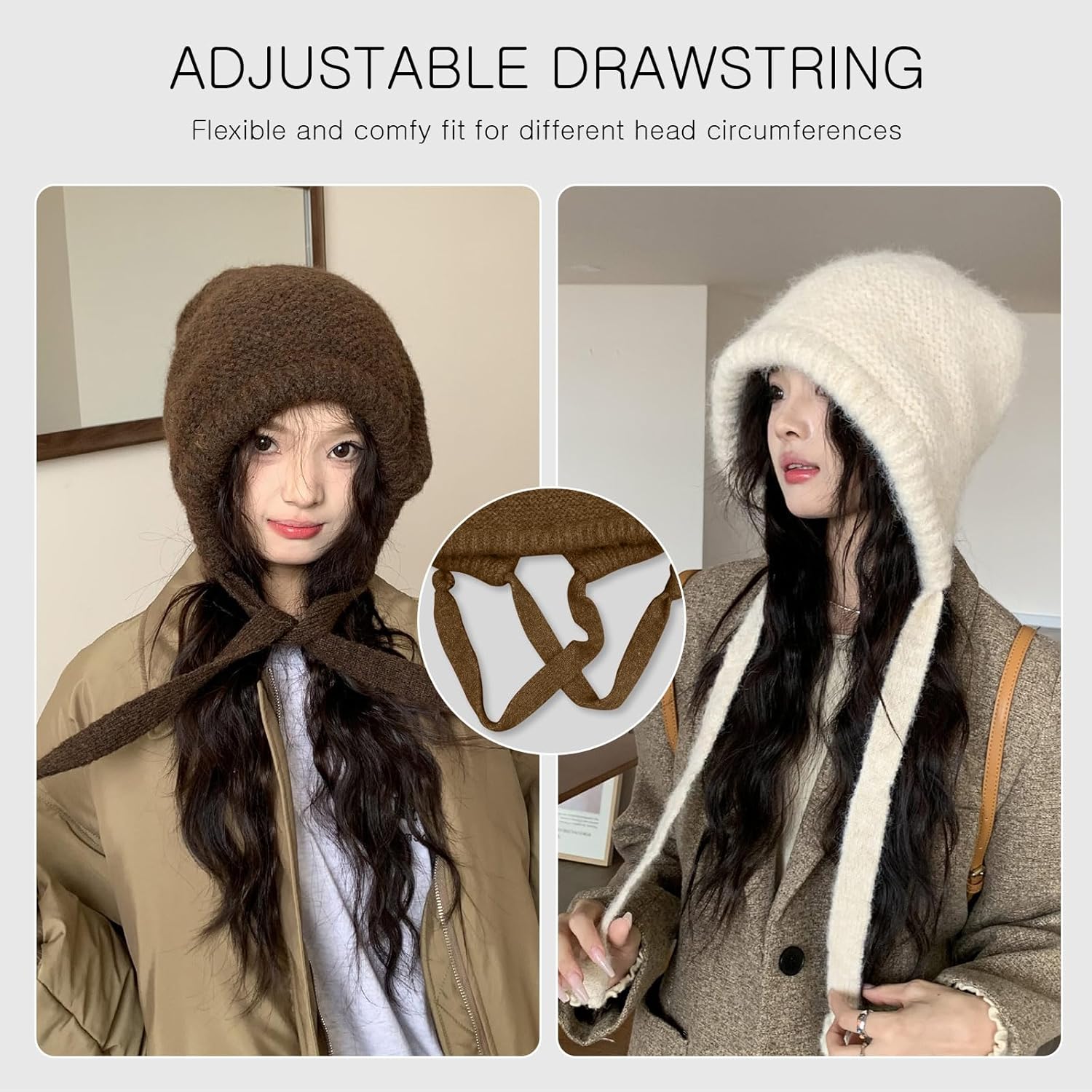 Winter Wool Knitted Hat Adjustable Drawstring Dual Purpose Earflap Hat and Knitted Bag Slouch Beanie Baggy Skull Cap - Image 2