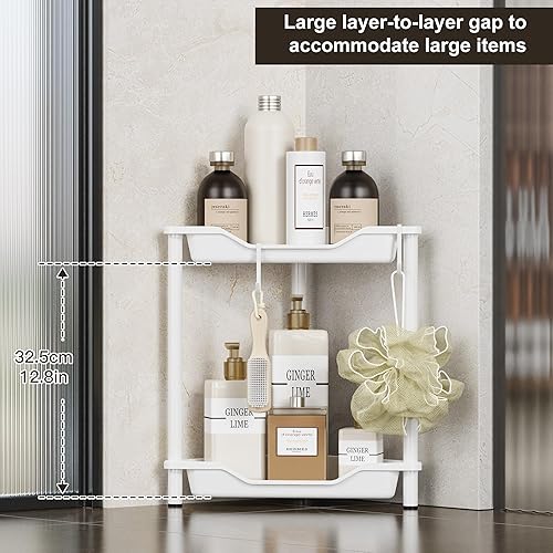 Miniatura 3 de Orimade Organizador de ducha de 2 niveles a prueba de óxido, estante de esquina de plástico empalmado de metal para baño, color blanco