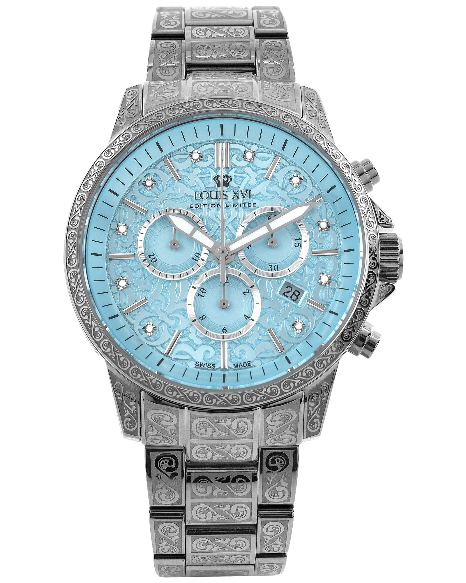 LOUIS XVI Palais Royale 2.0 1823 - Ø 43 mm - orologio da uomo - impermeabile - bracciale argento - quadrante bambino blu con diamanti - movimento al quarzo svizzero