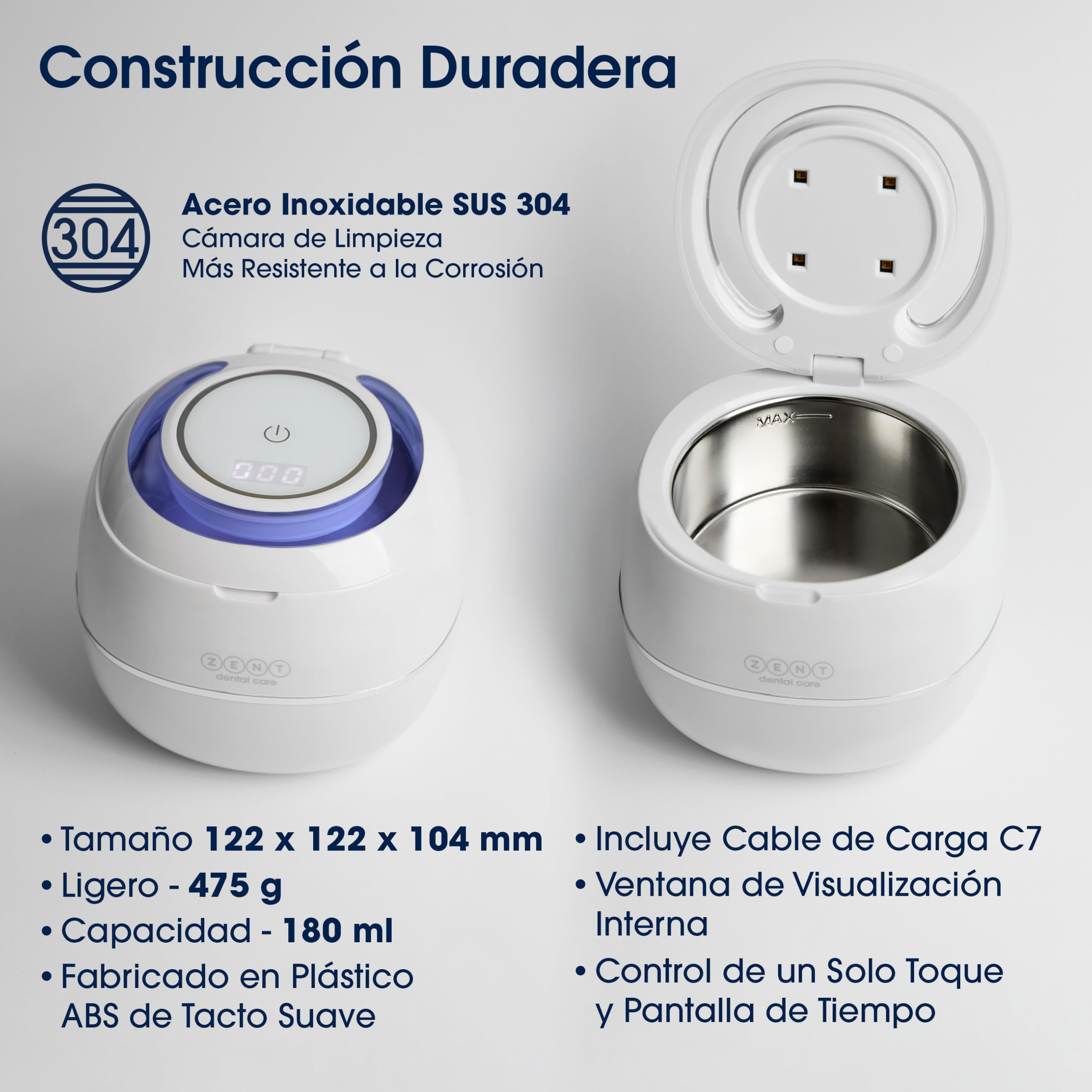 ZENT Ultrasonic Cleaner 42 kHz Limpiador ultrasonidos dental compacto, Desinfección con lámpara UV, para Prótesis dentales Joyas Alineadores ortodónticos plata, Limpieza rápida - solo 5 minutos, 0.2l