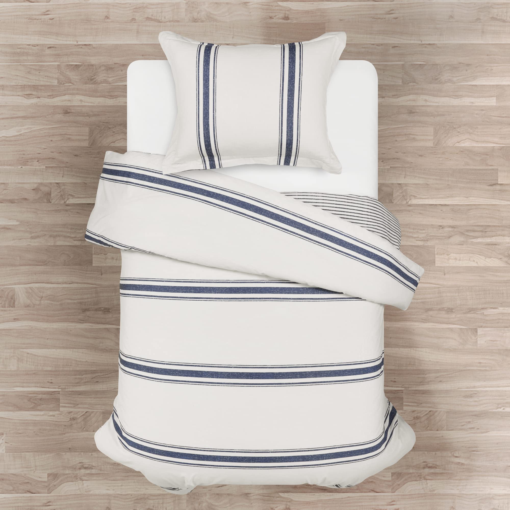 Lush Decor Farmhouse Stripe Reversible Cotton Duvet Cover Set, 2 Piece Set, Twin XL, Navy - Twin Bedding Set - Dorm Decor - Striped Duvet Cover For Kids Or Teens - Farmhouse Bedroom Decor