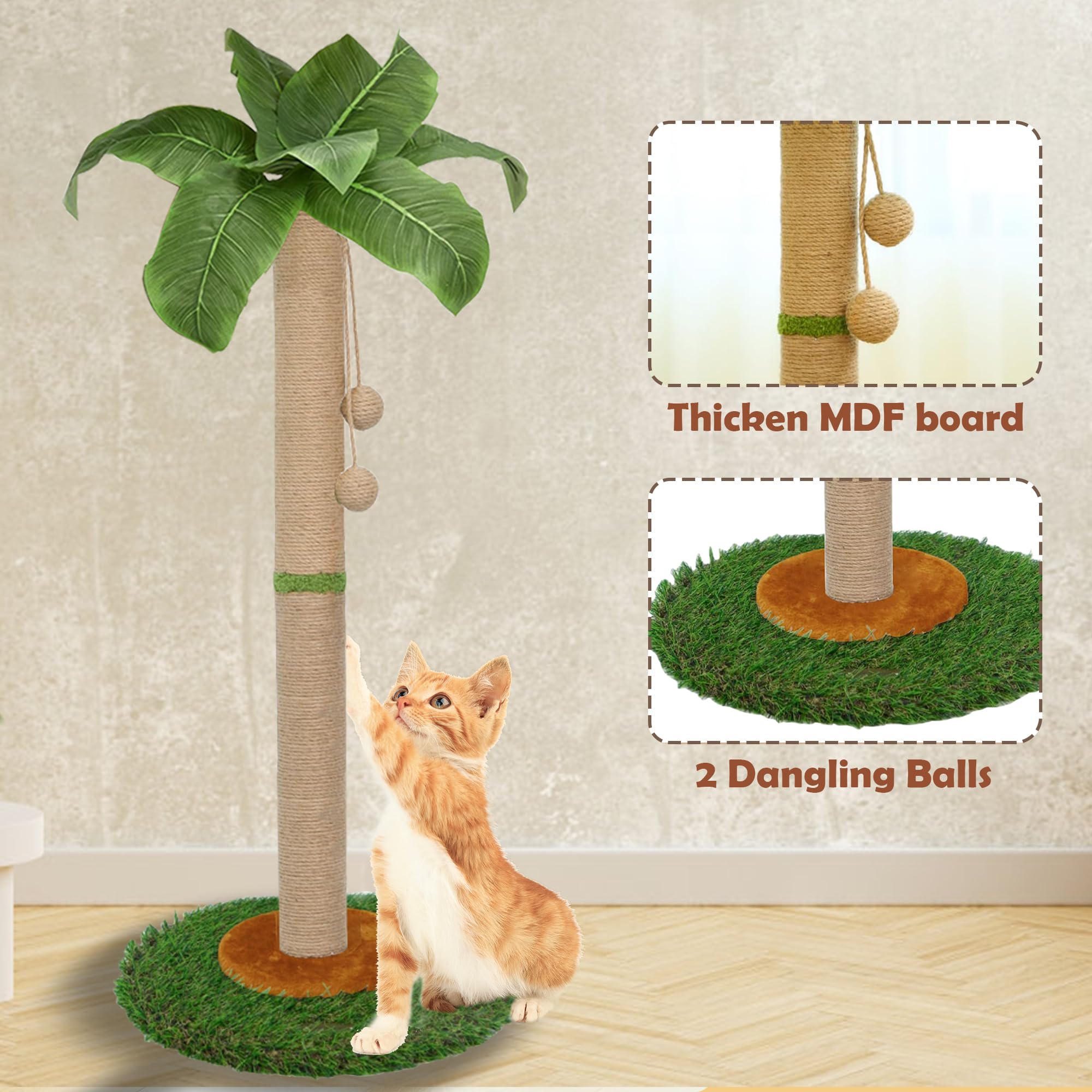 Poste rascador para gatos y gatitos de interior – Poste rascador para gatos de 60 cm de alto con cuerda de sisal, poste rascador para gatos de palmera con bola colgante (80 cm)