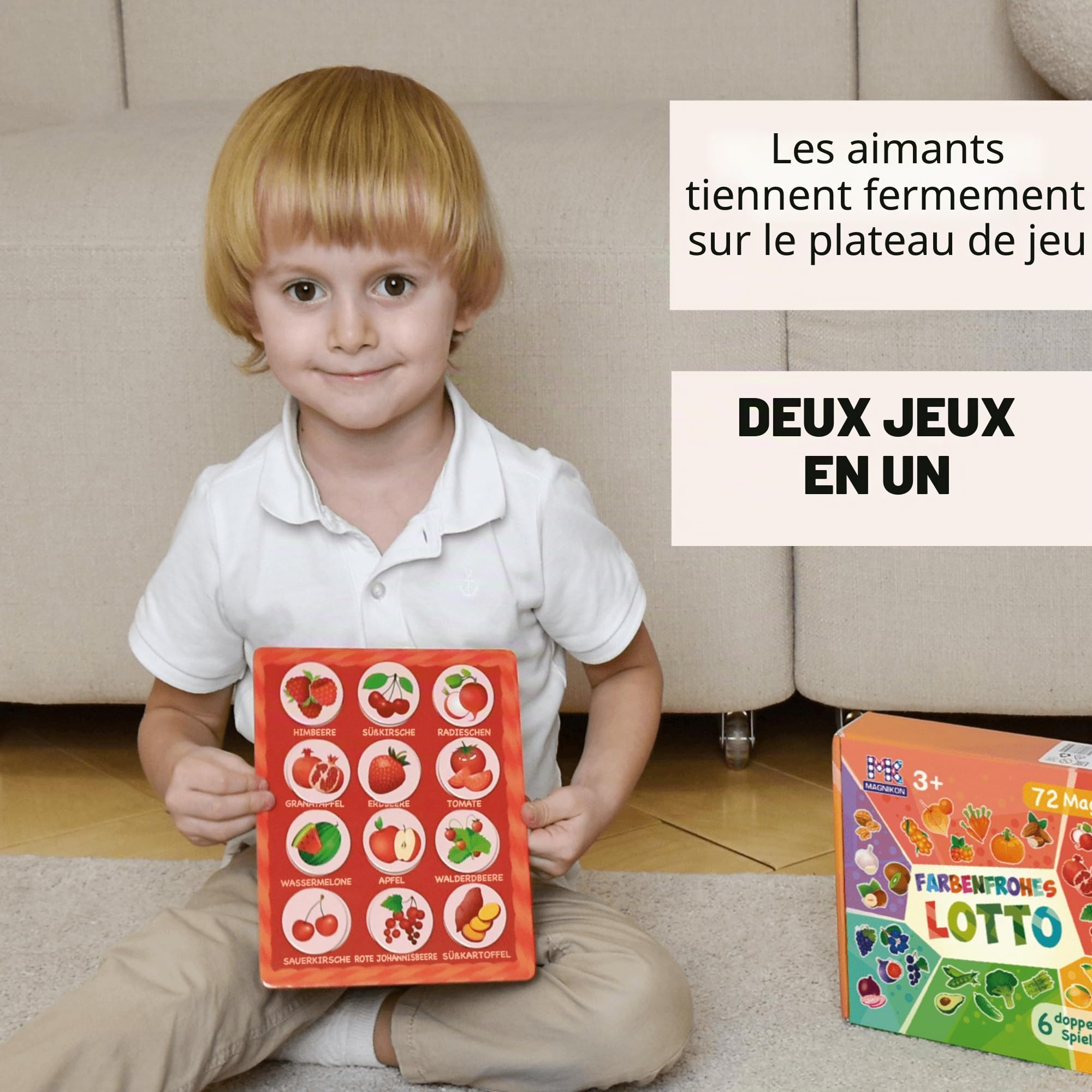 MAGNIKON Jeu de bingo pour enfants à partir de 3 ans, apprendre les couleurs, jeu de mémoire de loto, 72 aimants, 6 terrains de jeu double face, loto d'images, fruits et légumes, jeu éducatif à partir