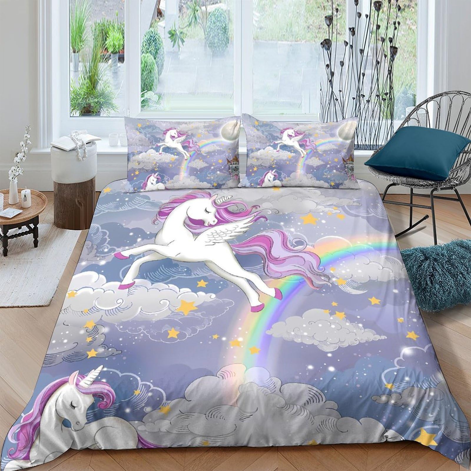 Ctjqhvkz Style-2 3D Printed Unicorn Rainbow Fitted Sheet Microfiber Soft Purple Sky Mattress Cover For Bedroom Guest Room Decor Single（135X200cm）