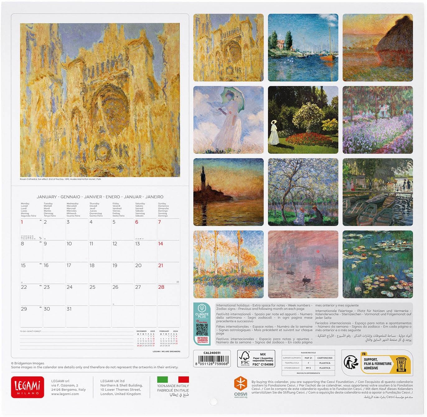 Legami - 2024 Wall Calendar, 12 Months and Yearly Planner, Space for Notes and Notes, Week Number, 6 Languages, Zodiac Signs and International Holidays, Single Cellophane, 30 x 29 cm