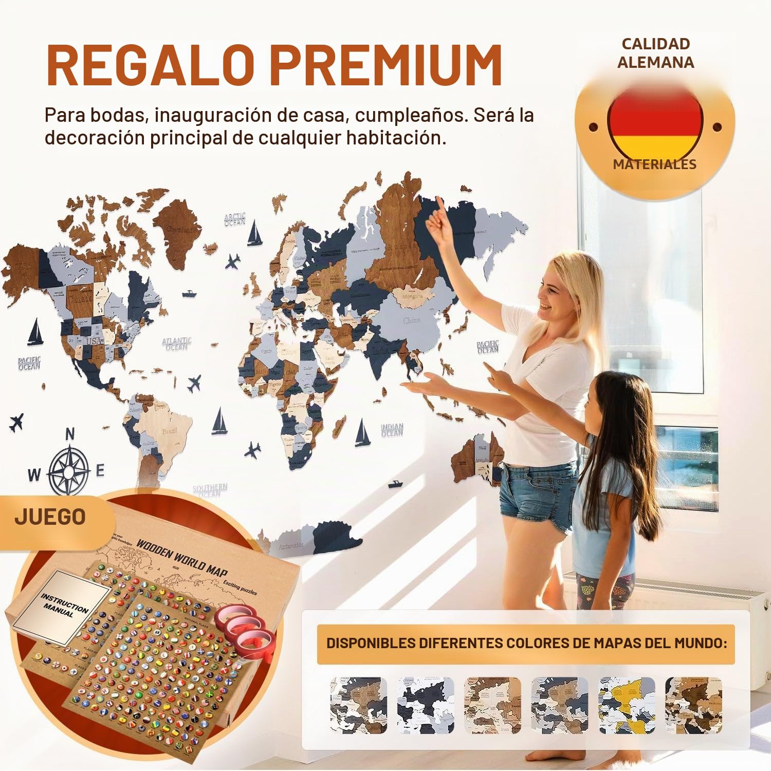 Mapa del Mundo de Madera en Inglés - 3D para Oficina en Casa | Contrachapado de abedul, 324 pines con banderas, 120x62 cm, tono espresso, montaje adhesivo, regalo corporativo duradero