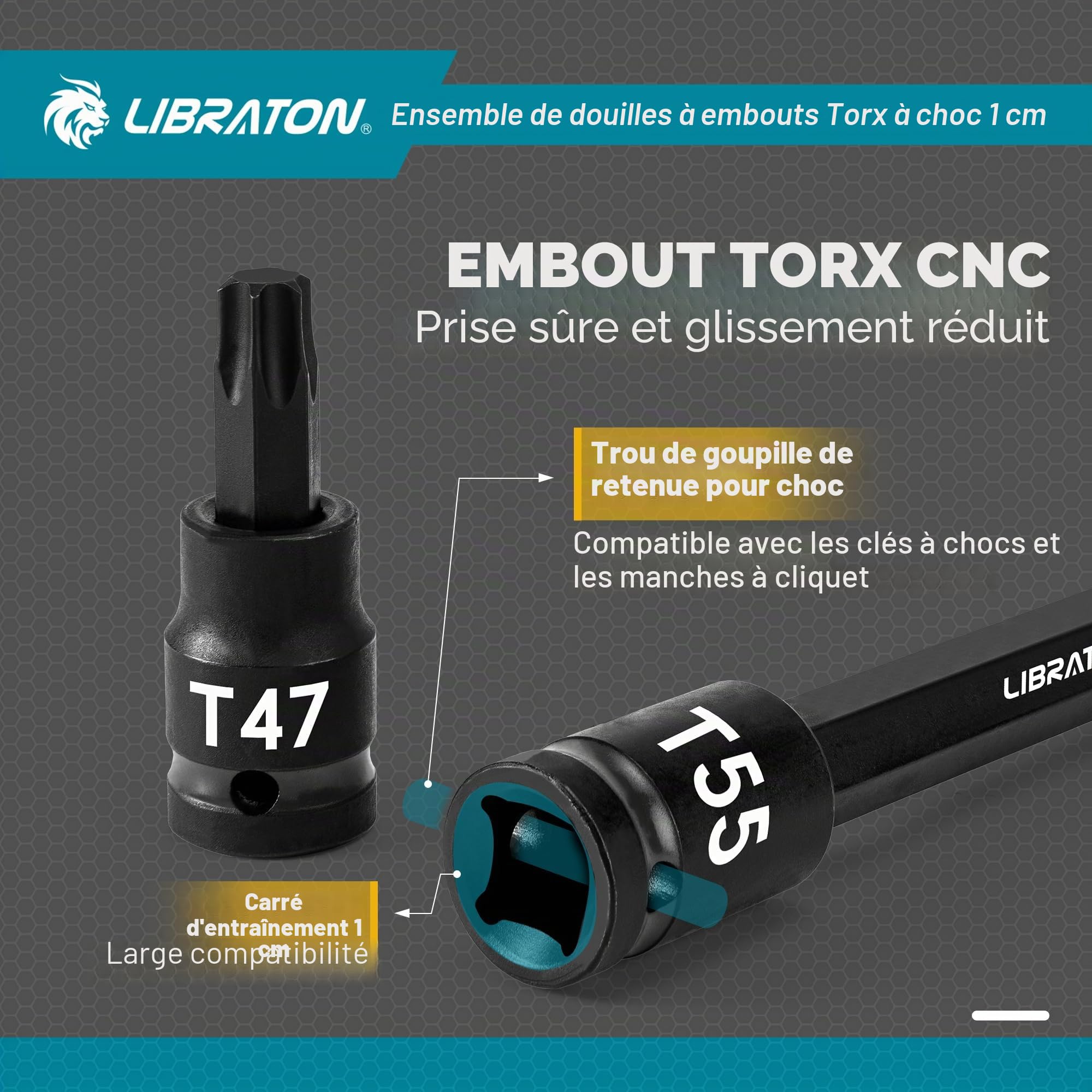 LIBRATON Clé à Douille Embouts Torx Entraînement 3/8" Extra Longue | Douilles à Impact en Acier Allié S2, 24 Pièces Douilles Torx d'embouts, T10-T60, Douille Étoile Long de 2" et 6"