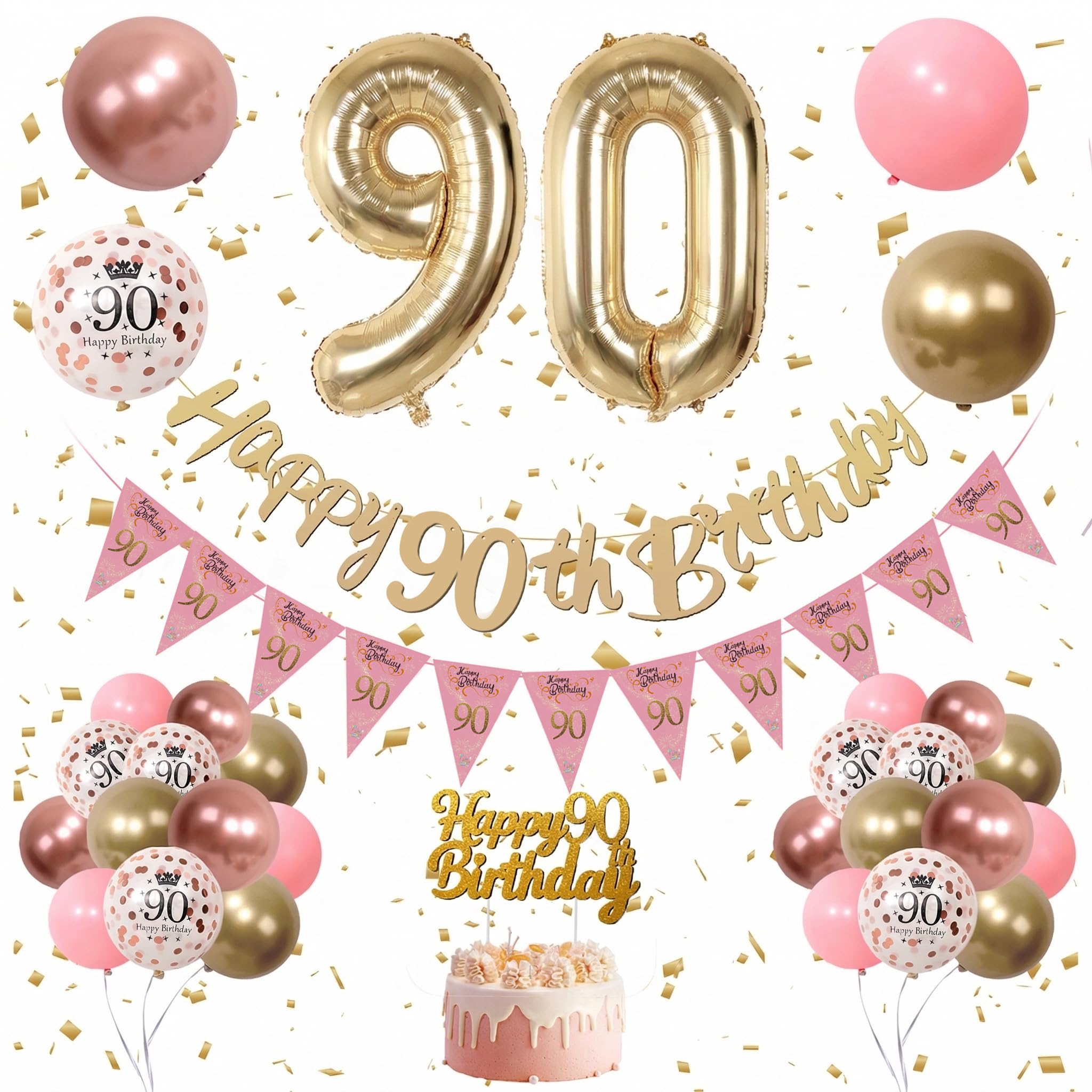 90th Birthday Decoration for Women Gold Happy Birthday Banner Retro Pink and