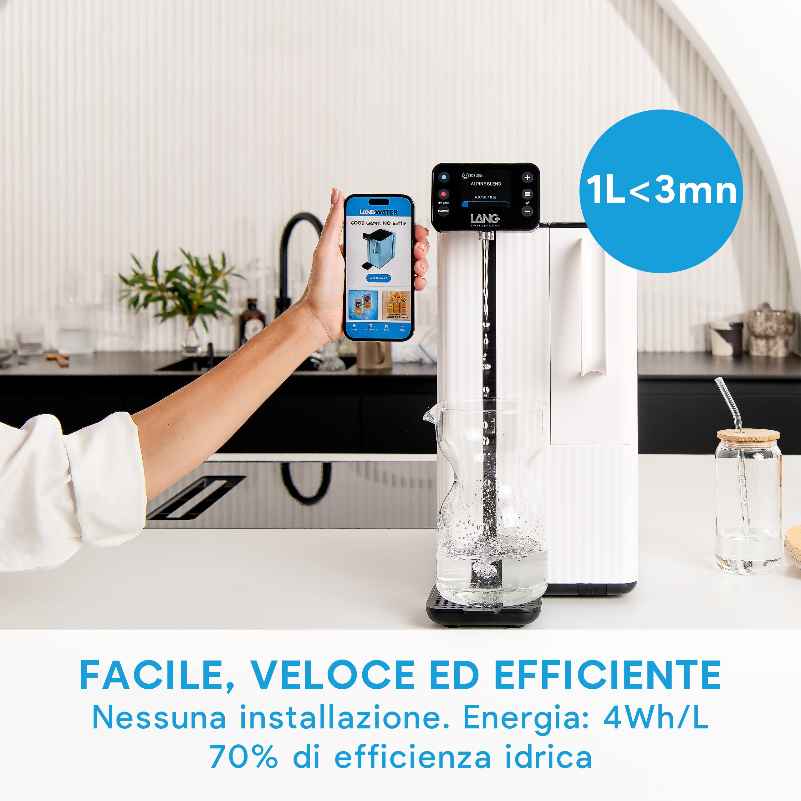LANGWATER - Depuratore Acqua Domestico Portatile - Osmosi Inversa e Mineralizzazione - Senza Installazione - Erogatore di Acqua Calda - Senza Microplastiche - Da Banco - Minerali non Inclus