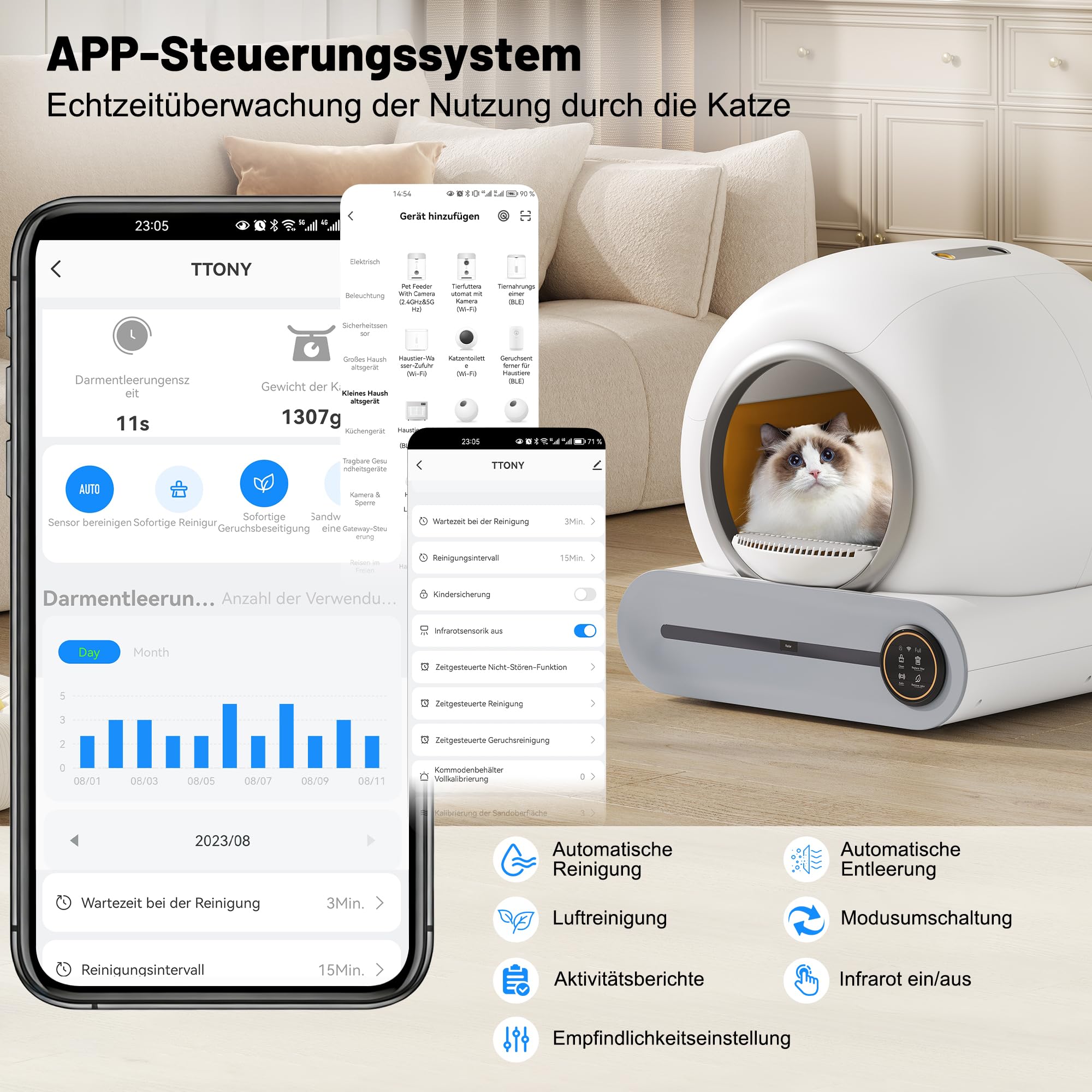 Merax Litière pour chat autonettoyante, Toilette automatique pour chat, Commande par application/Capacité max 65L/Capteur infrarouge/Élimine les odeurs/Moniteur de santé intelligent/Verrouillage de