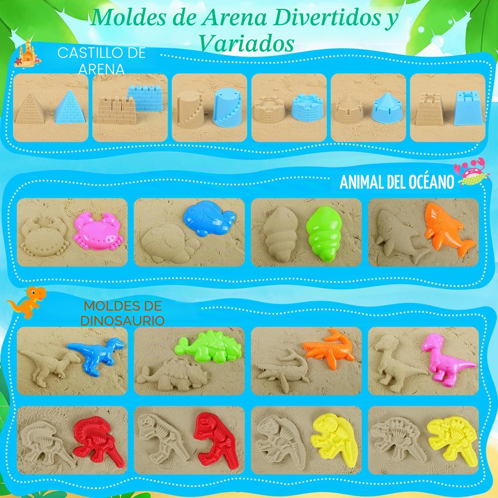 Juego de Juguetes de Playa para Niños,36 Piezas Juguetes de Playa de Dinosaurios para Niños Pequeños (1-8 Años),Juego de Juguetes de Playa de Viaje,Moldes de Animales,Set de Construcción