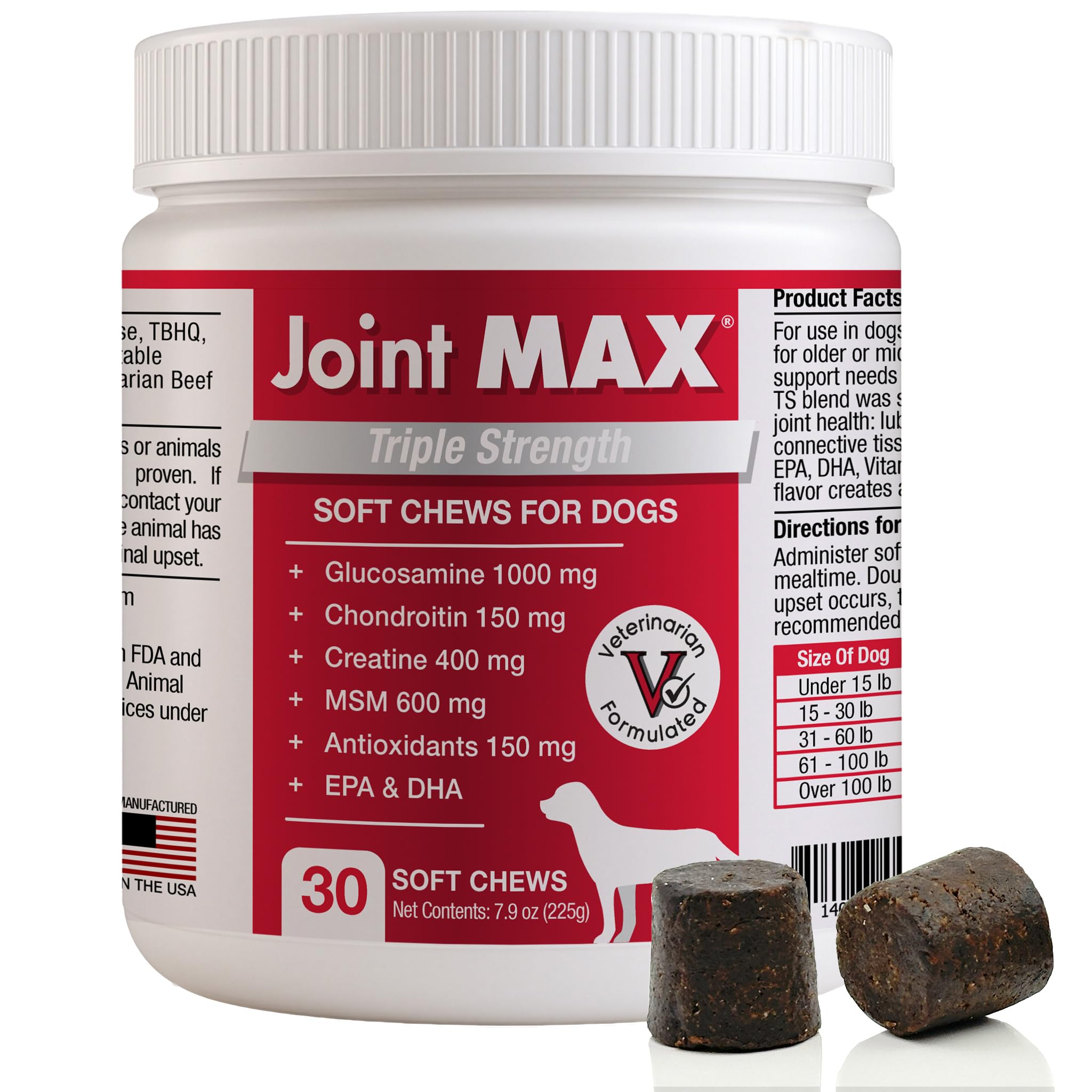 PHS Joint MAX Triple Strength (TS) Soft Chews for Dogs - Glucosamine, Chondroitin, MSM, Turmeric, Omega 3 - Hip and Joint Pain Relief and Support for Dogs - Made in USA - 30 Soft Chews