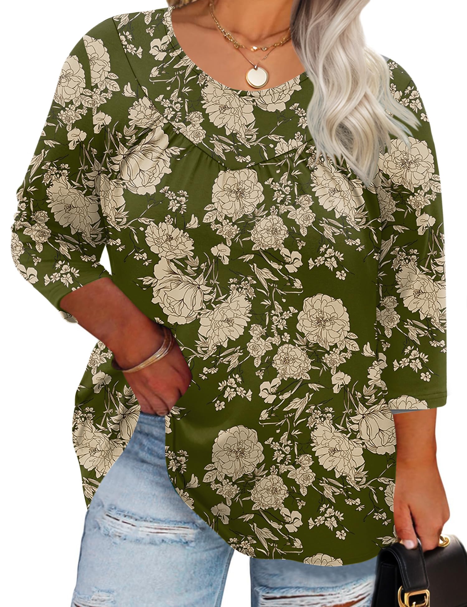 TFSDOD Womens Plus Size Tops 3/4 Length Sleeve Blouses Crew Neck Shirts Casual Loose Tunic Tops 1X-5X