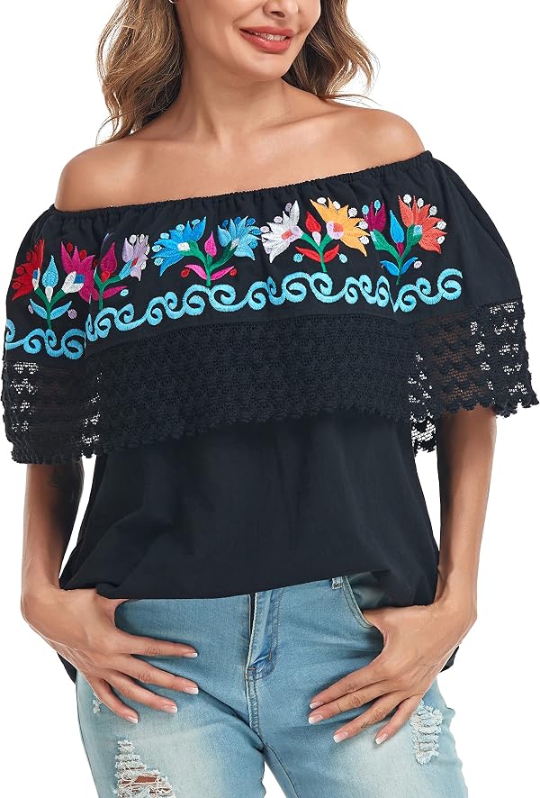 YZXDORWJ Women Mexican Embroidered Off-Shoulder Shirt Lace Falbala Top (M, 346BK) by YZXDORWJ - Used condition - Image 4