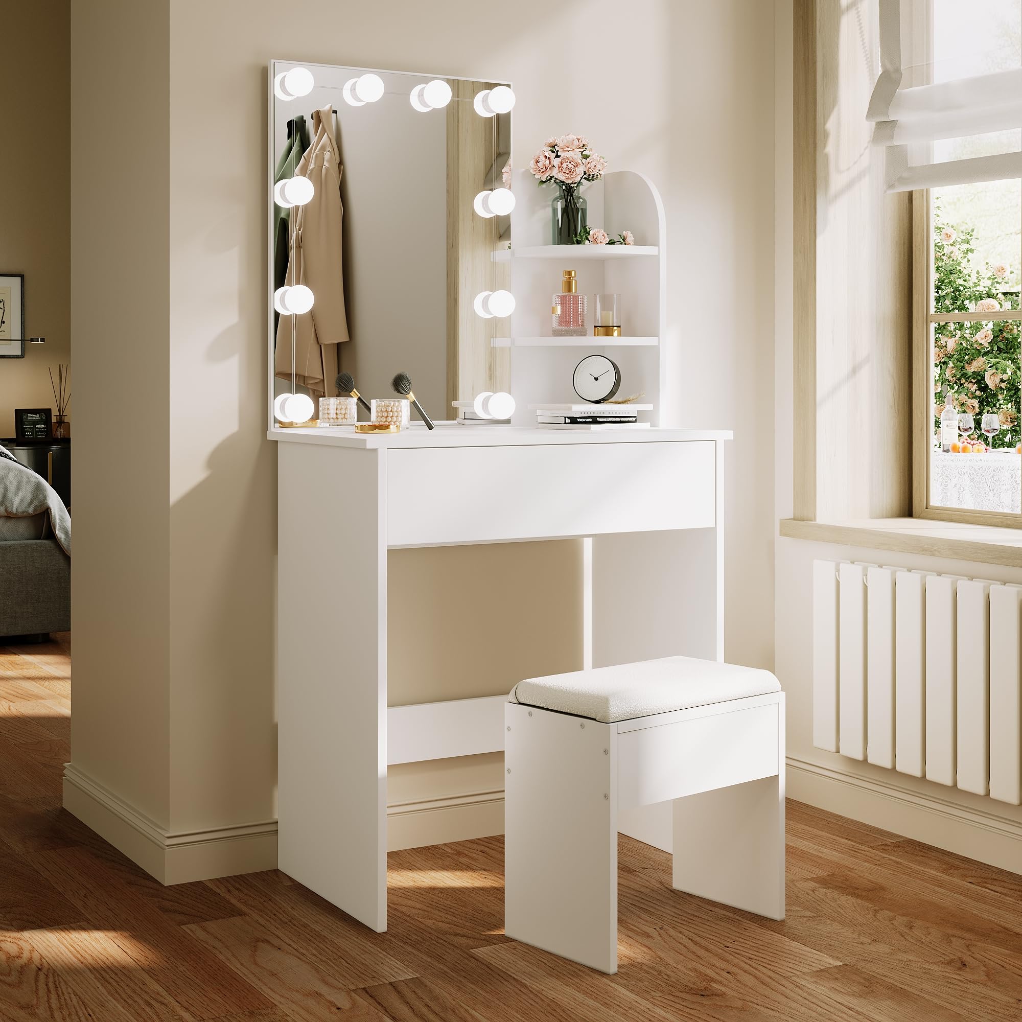 ELEGANT White Dressing Table with Hollywood LED Lights Mirror, Vanity Table with 1 Large Drawer & 2 Shelves, Large Storage Makeup Table for Women Girls Bedroom, Stool included