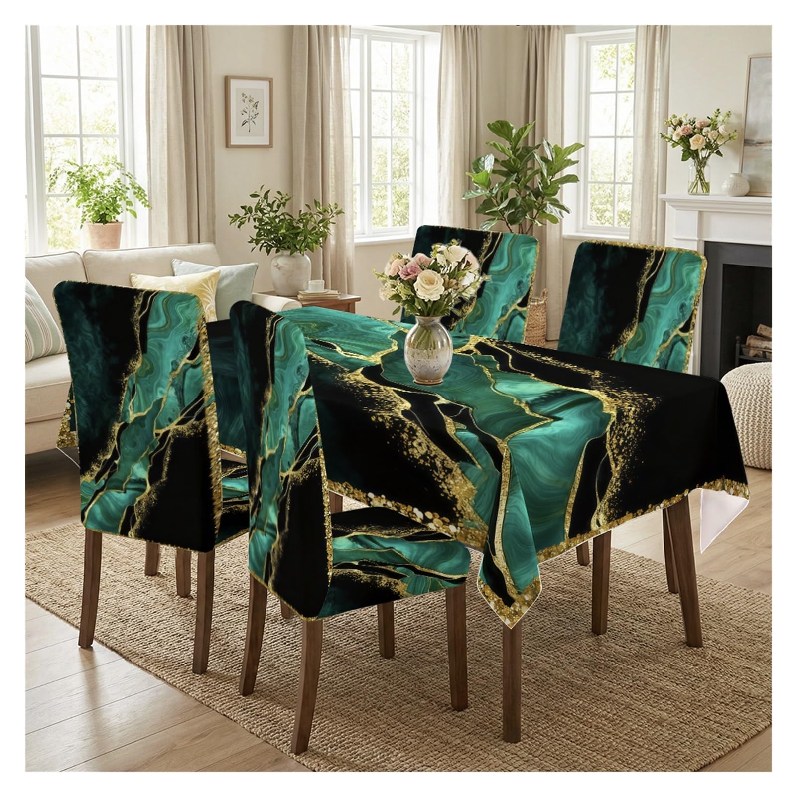 KXUAUV Black Teal Green Marble Gold Glitter Print Stretch Dining Chair Slipcover & Tablecloth Set, Modern Luxury Dining Decor, 5/7 Pack Party Decor(5pcs Set: Tablecloth+Chair Covers)