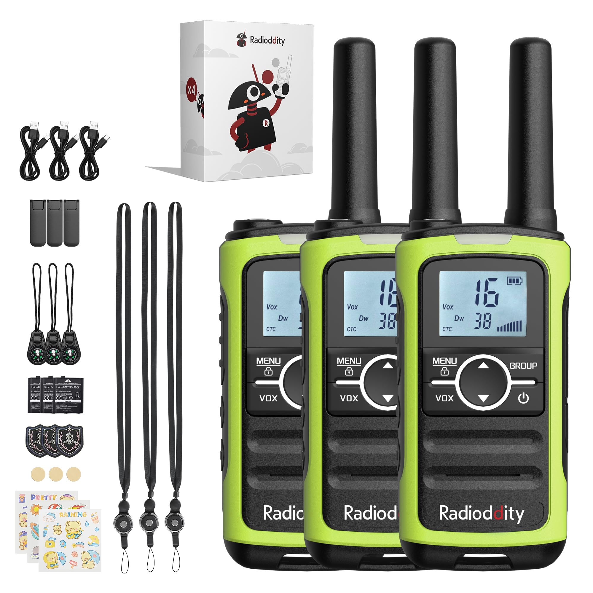 Radioddity PR-T8 Walkie Talkie dla dzieci, PMR446 Dwukierunkowe radio z możliwością ładowania, daleki zasięg, funkcja połączeń grupowych, VOX, latarka, bateria 2000 mAh, ładowanie USB-C, do wędrówek,