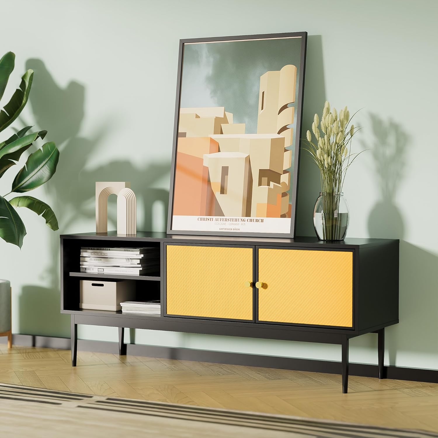 SunsGrove TV Stand 65 Inch, Mid Century Modern TV Stand with Rattan Doors, Boho TV