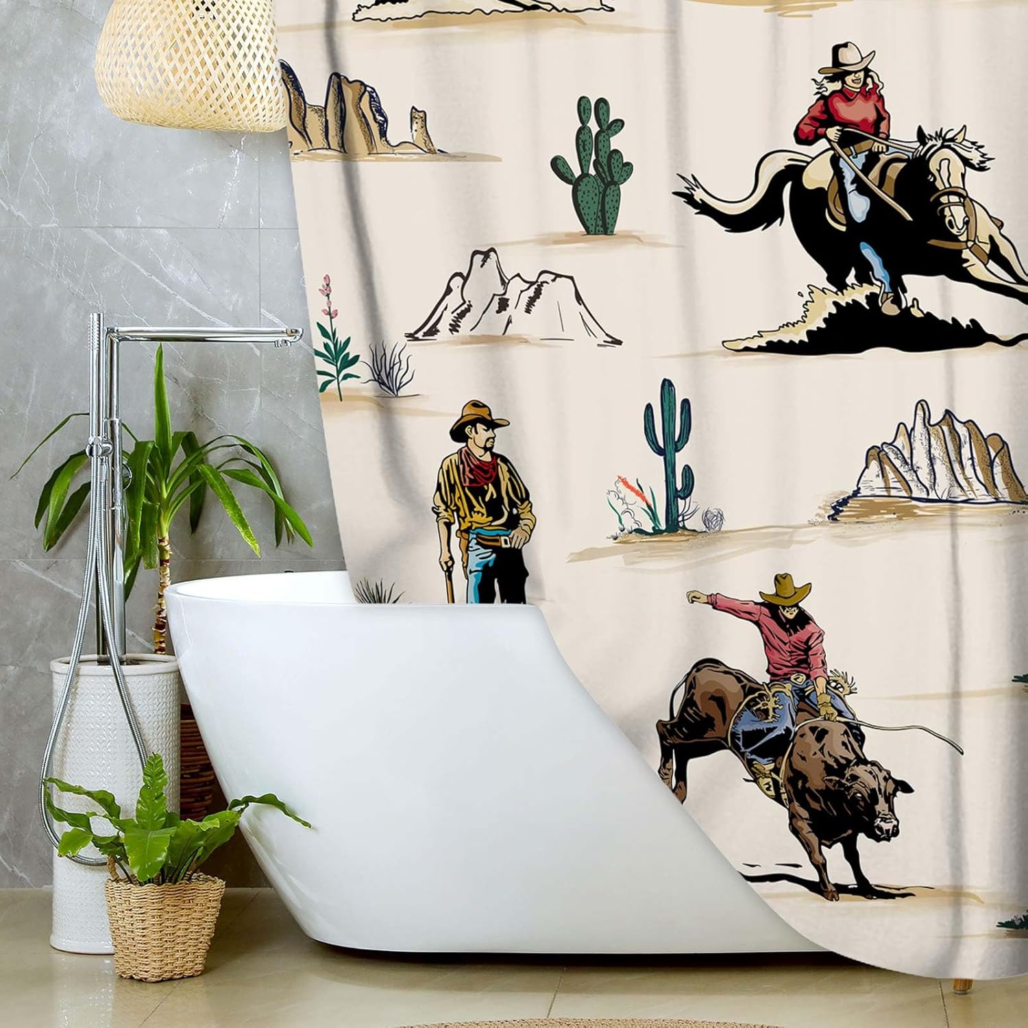 JAWO Western Shower Curtain, Farmhouse Country American West Western Shower Curatain, Wild West Cowboy Horse Bathroom Accessories Set with Hooks, 72X78inch, Beige
