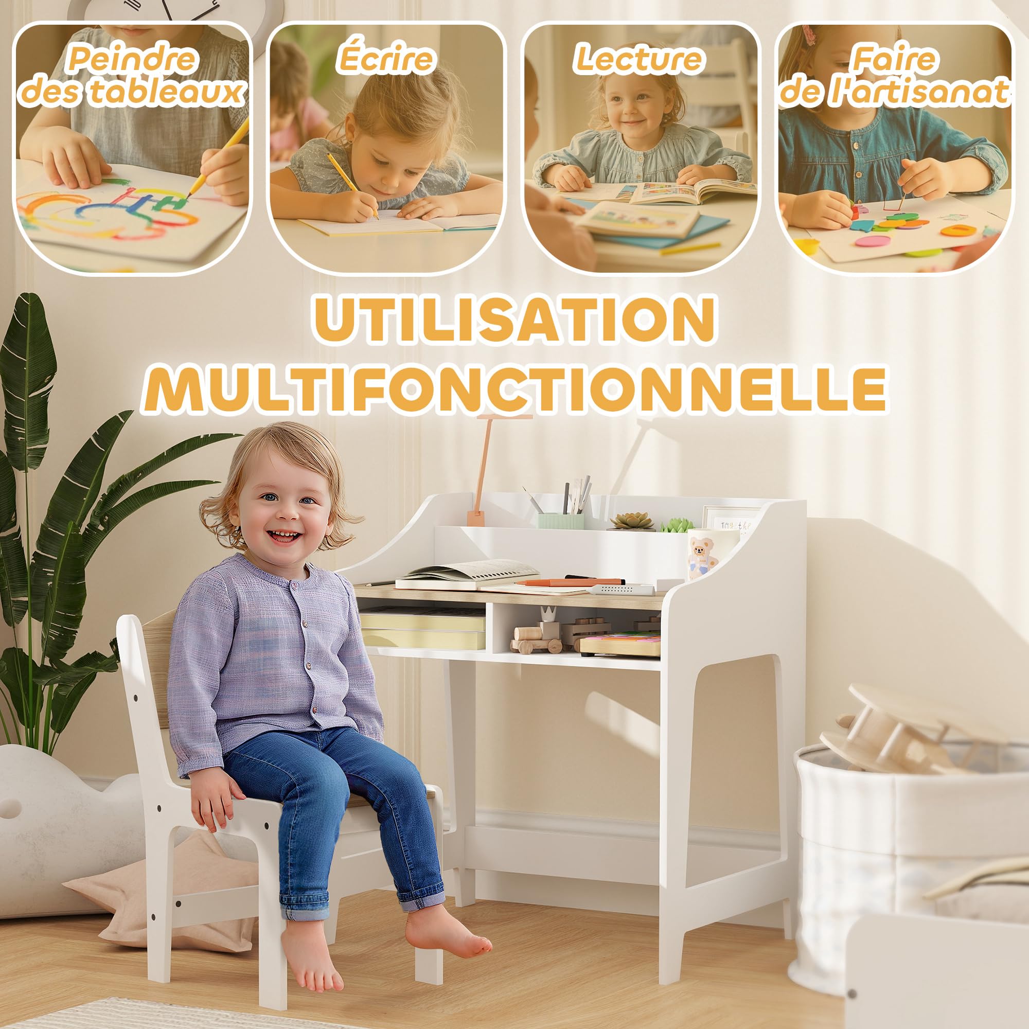 AIYAPLAY Ensemble Bureau et Chaise pour Enfant 3 à 8 Ans, Bureau Enfant garçon Fille avec Chaise, Compartiments et étagères Ouverts, pour Chambre à Coucher, Salle de Jeux, crèche, Effet Bois Naturel