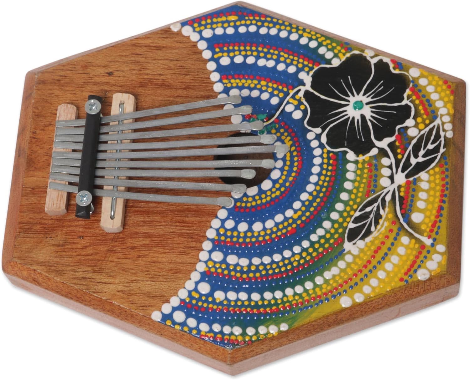 NOVICA Artisan Handcrafted Teak Wood Kalimba Thumb Piano Floral from Bali Multicolor Brown Woodsteel Indonesia Musical Instruments Keyboards [2.4in H x 7.5in W x 6.25in D] ' Hibiscus Melody'