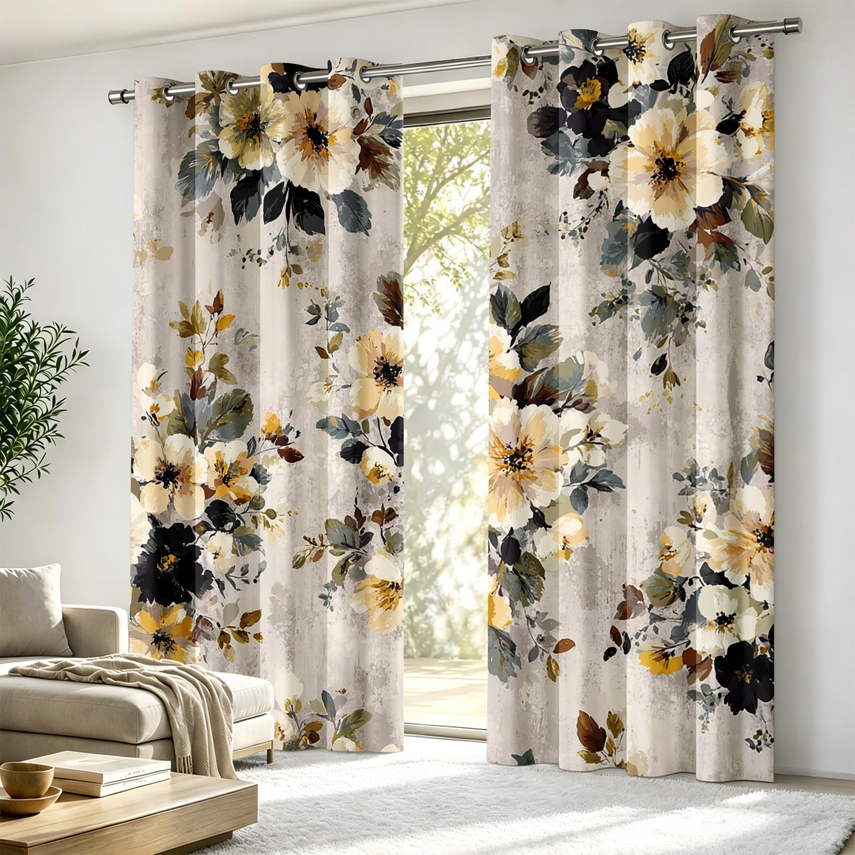 Luxfieo Vintage Flower Blackout Curtains for Living Room Bedroom - 90 Inch Drop Curtains 66x90, Yellow Floral Botanical Watercolour Floral Patterned Window Treatments, Thermal Eyelet Drapes 2 Panels