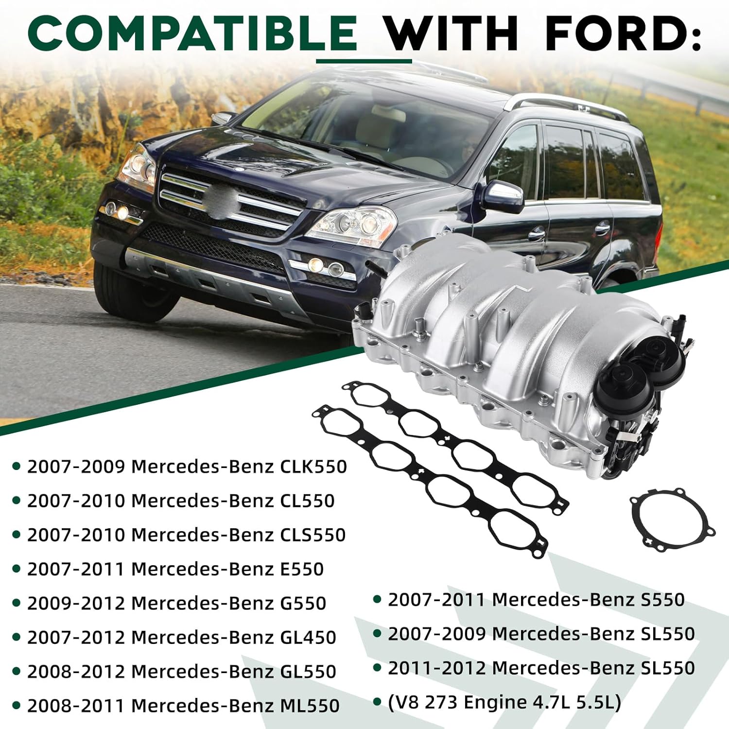 Intake Manifold Compatible with Mercedes-Benz 2007-2012 E550 GL450 GL550 CL550 CLK550 G550 ML550 S550 SL550 M273 V8 Replace 700410260 A27314007