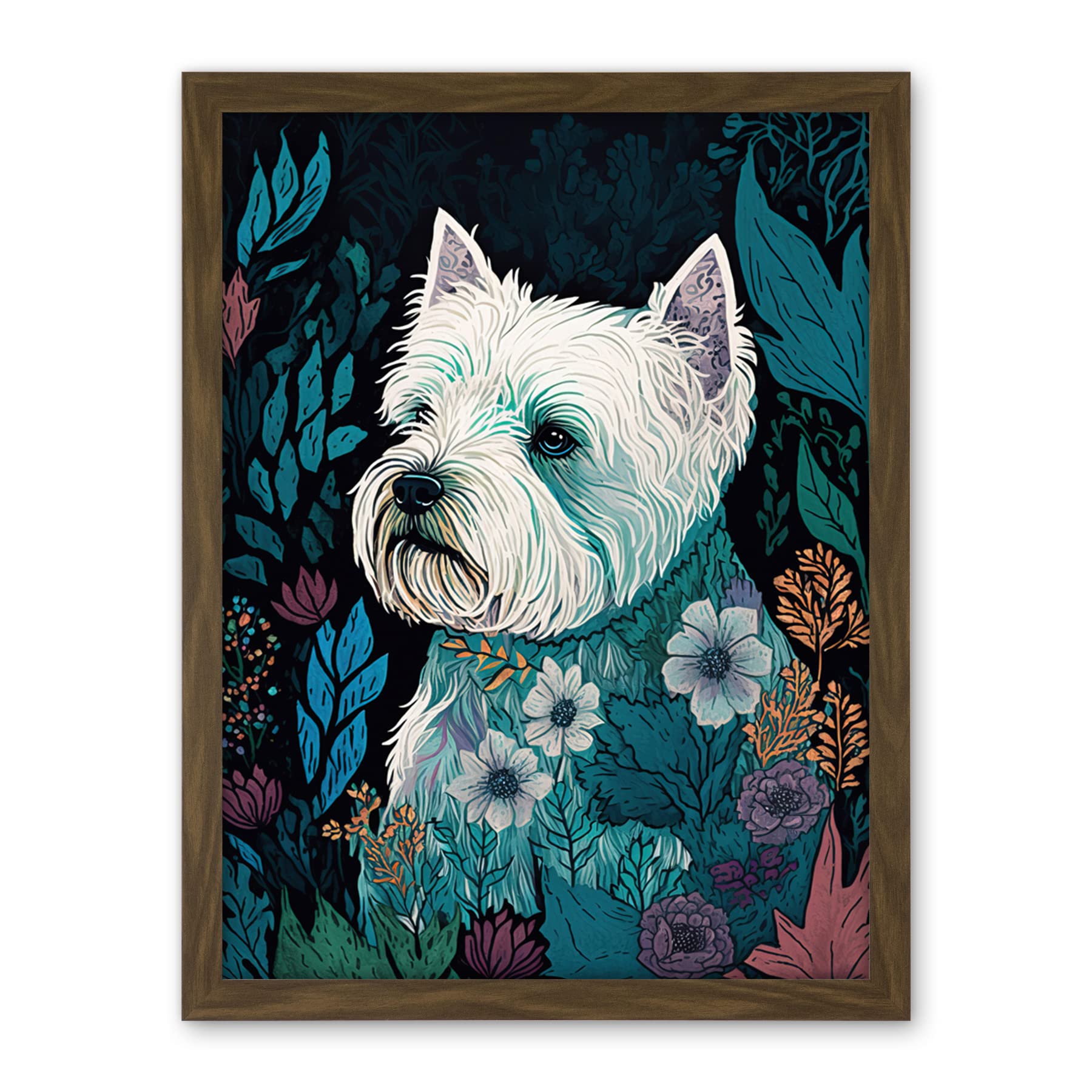 Artery8 West Highland White Terrier in Flowers Dark Multicoloured Linocut Illustration Artwork Framed Wall Art Print 18X24 Inch