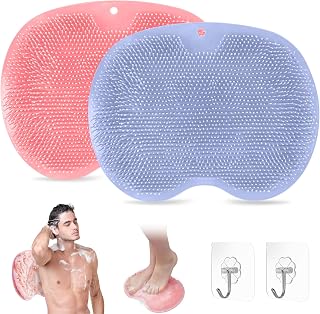 Shower Foot Scrubber Mat, 2 Pcs Wall Mounted Back Scrubber, Silicone Bath Massage Mat for Improve Foot Circulation, Soothes Tired Feet, Foot Care (Blue, Pink)