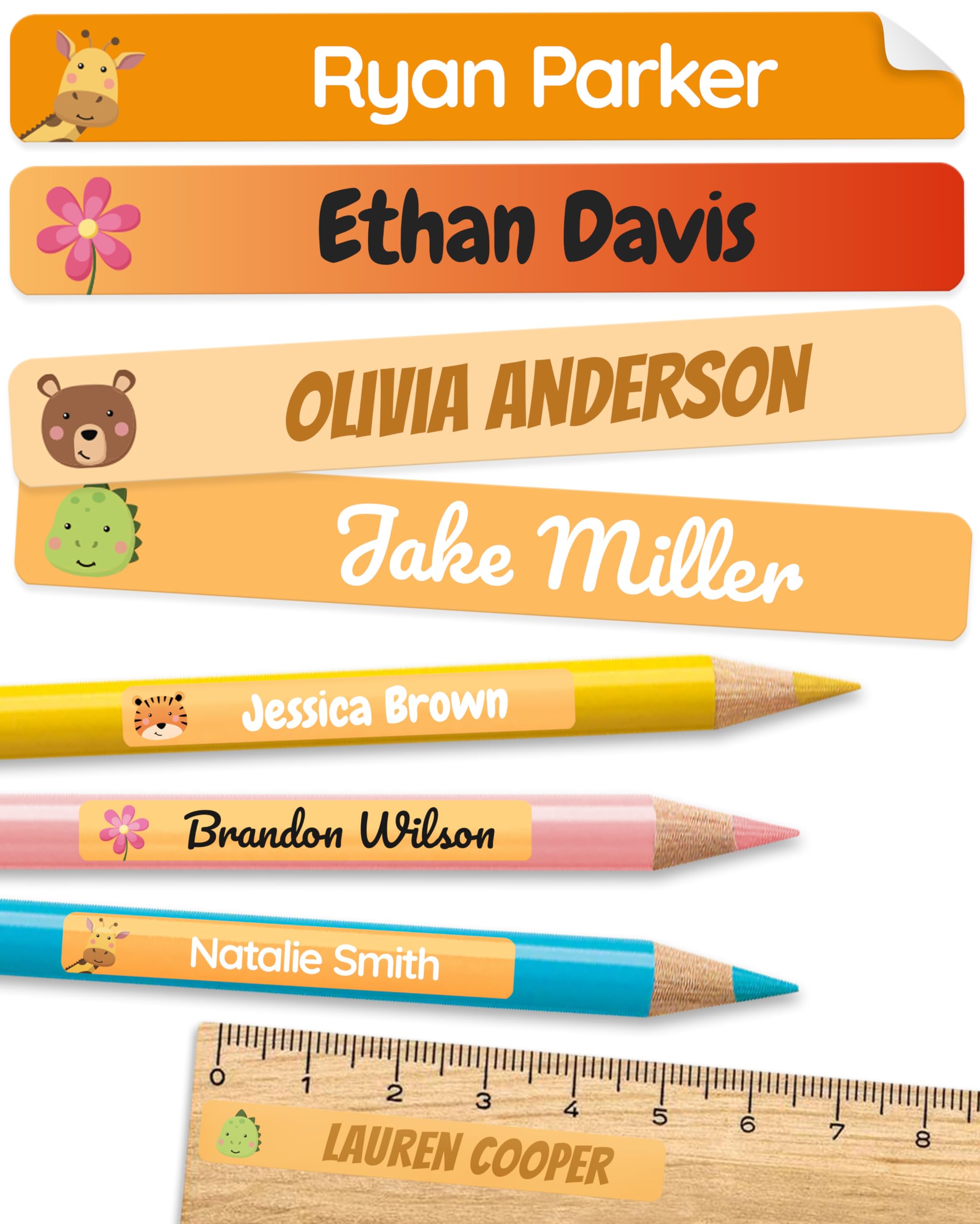 Personalized Kids Name Labels for Pencils Orange [150pcs] - Waterproof Name Stickers for School &amp; Daycare - Pencil Custom Name Stickers - Children Name Stick On Labels for Pens (2.0”x0.3”)