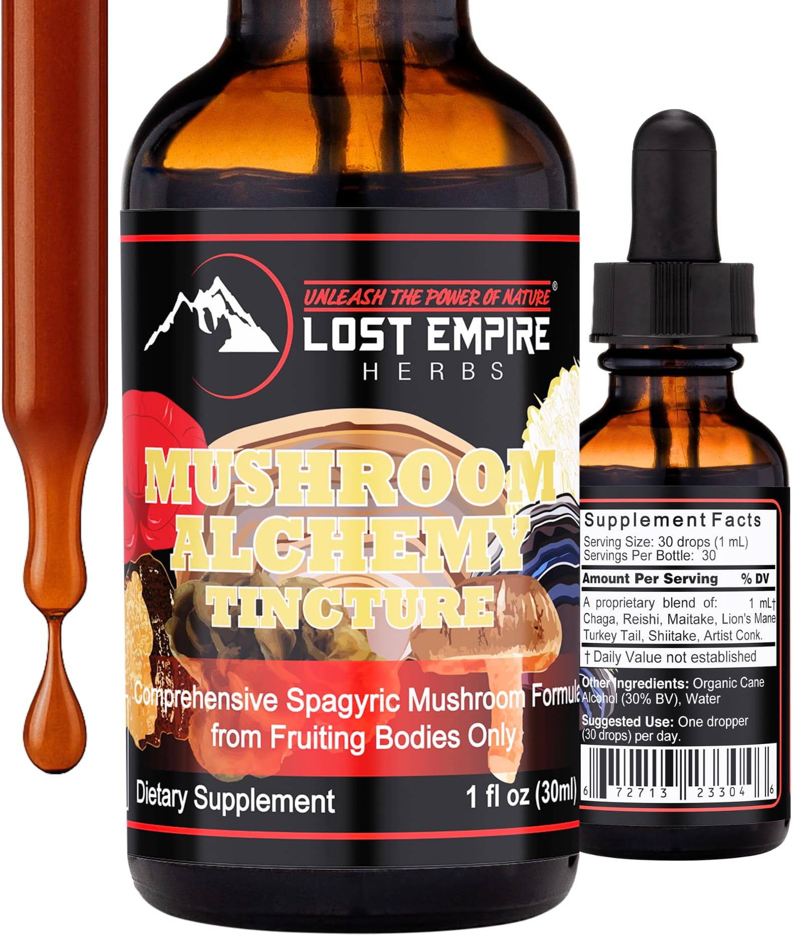 Lost Empire Herbs Mushroom Alchemy – 7 Medicinal Mushrooms Spagyric Tincture Blend - Reishi, Turkey Tail, Maitake, Shiitake, Lion's Mane, Artist Conk, Chaga (1 fl oz)