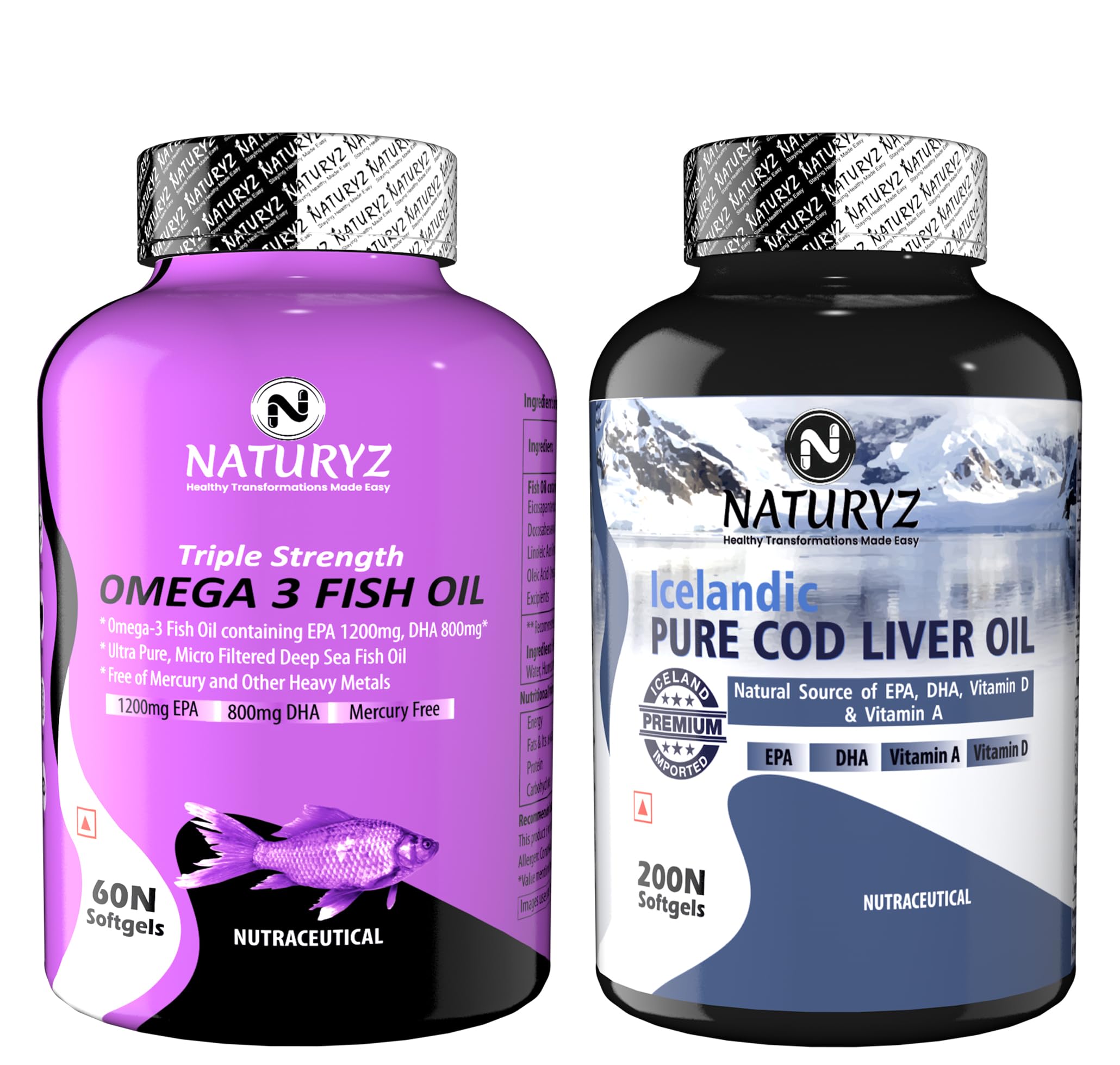 Naturyz Triple Strength Omega 3 Fish Oil 2500mg with Highest Strength (EPA 1200mg DHA 800mg) & Imported Icelandic COD Liver Oil Combo Pack for Immunity Skin Eye Muscle Joint Health (B0C65DHRXW) Amazon Price History, Amazon Price Tracker