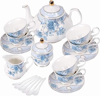 Blue Flowers Porcelain Tea Set, Tea Cup and Saucer Set Service for 6, Wedding Tea Set with Sugar Bowl Cream Pitcher, Floral Coffee Set for Tea Party