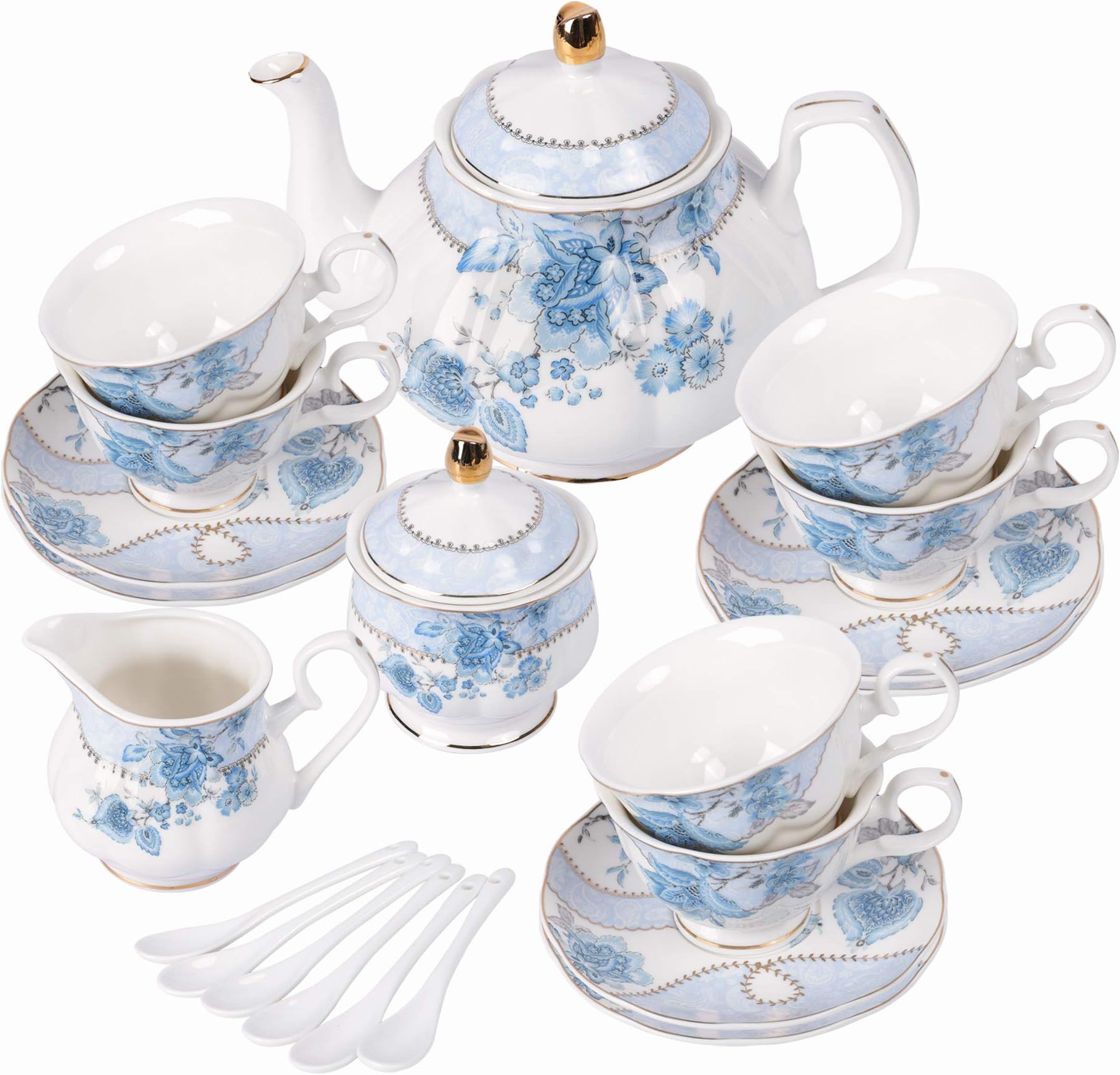 fanquare 21 Pieces Blue Floral Porcelain Afternoon Tea Set Service with Spoons,British Royal Tea Cup and Saucer Set of 6