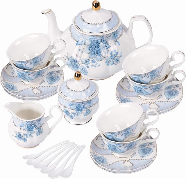 fanquare 21 Pieces Blue Floral Porcelain Tea Set Service with Spoons,Teapot,British Royal Tea Cup and Saucer Set of 6