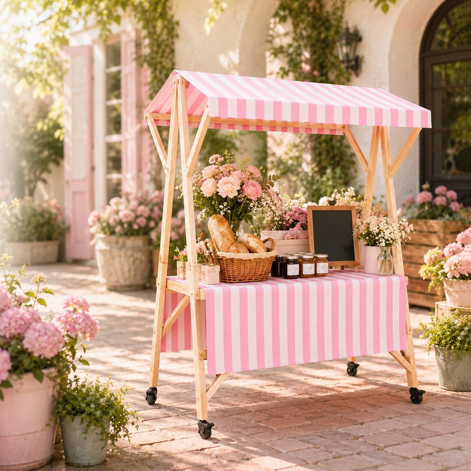 Carrello portatile pieghevole in legno con tettoia e ruote, ideale per mercati, fiere, street food, eventi in spiaggia e negozi pop-up, 150 cm / 59in
