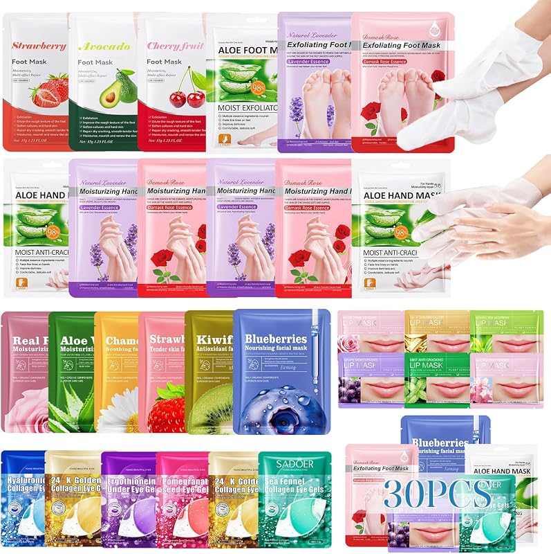 30 piezas de suministros para fiestas de spa, regalos a granel para mujeres, regalos para fiestas de pijamas, kit de spa con máscaras faciales, máscaras para pies, máscaras de manos, juego de máscaras para labios y ojos, rellenos navideños