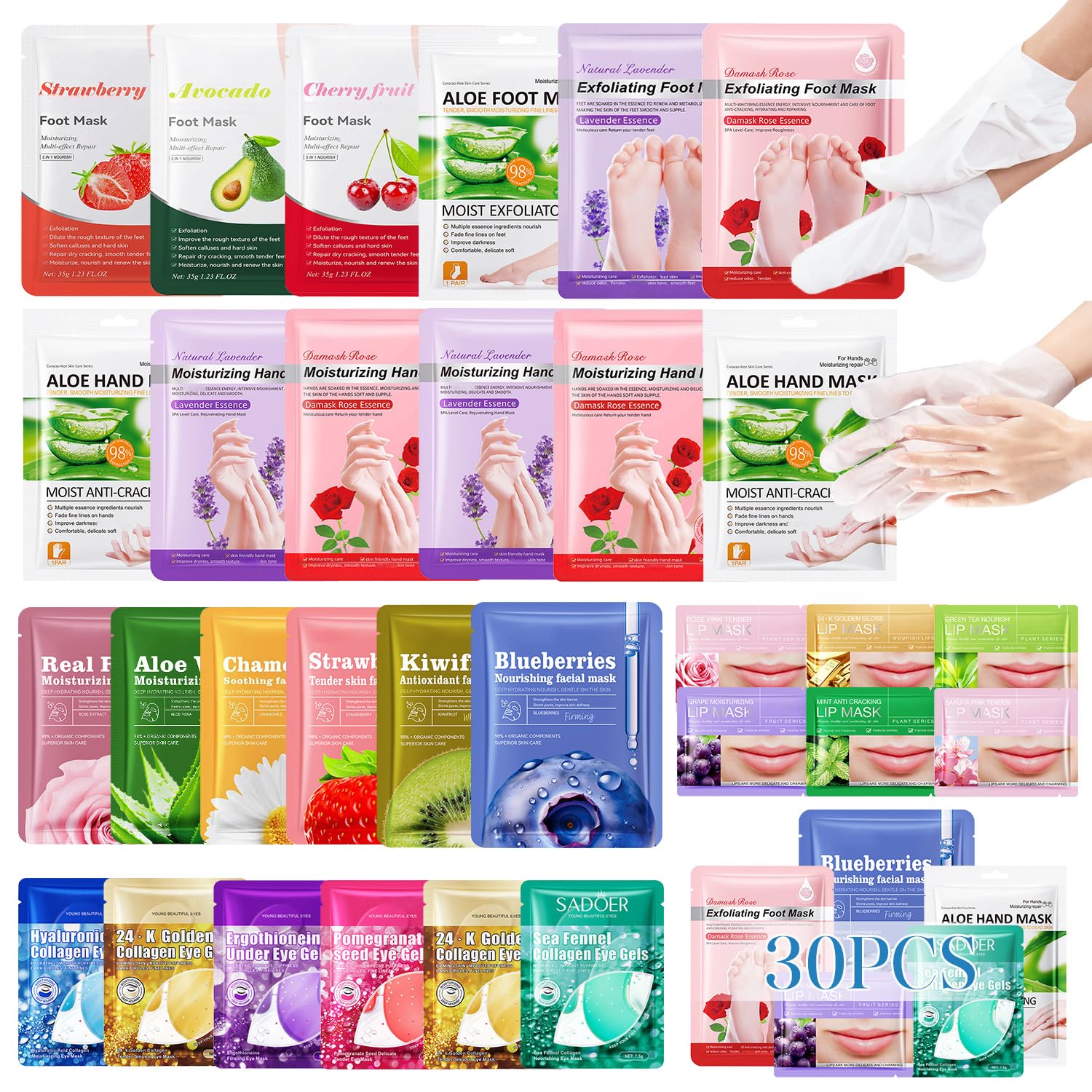 30PCS SPA Party Supplies, Bulk Gifts for Women, Sleepover Slumber Party Favors, Spa Kit with Face Masks, Foot Masks, Hand Masks, Lip and Eye Mask Set, Christmas Stuffers