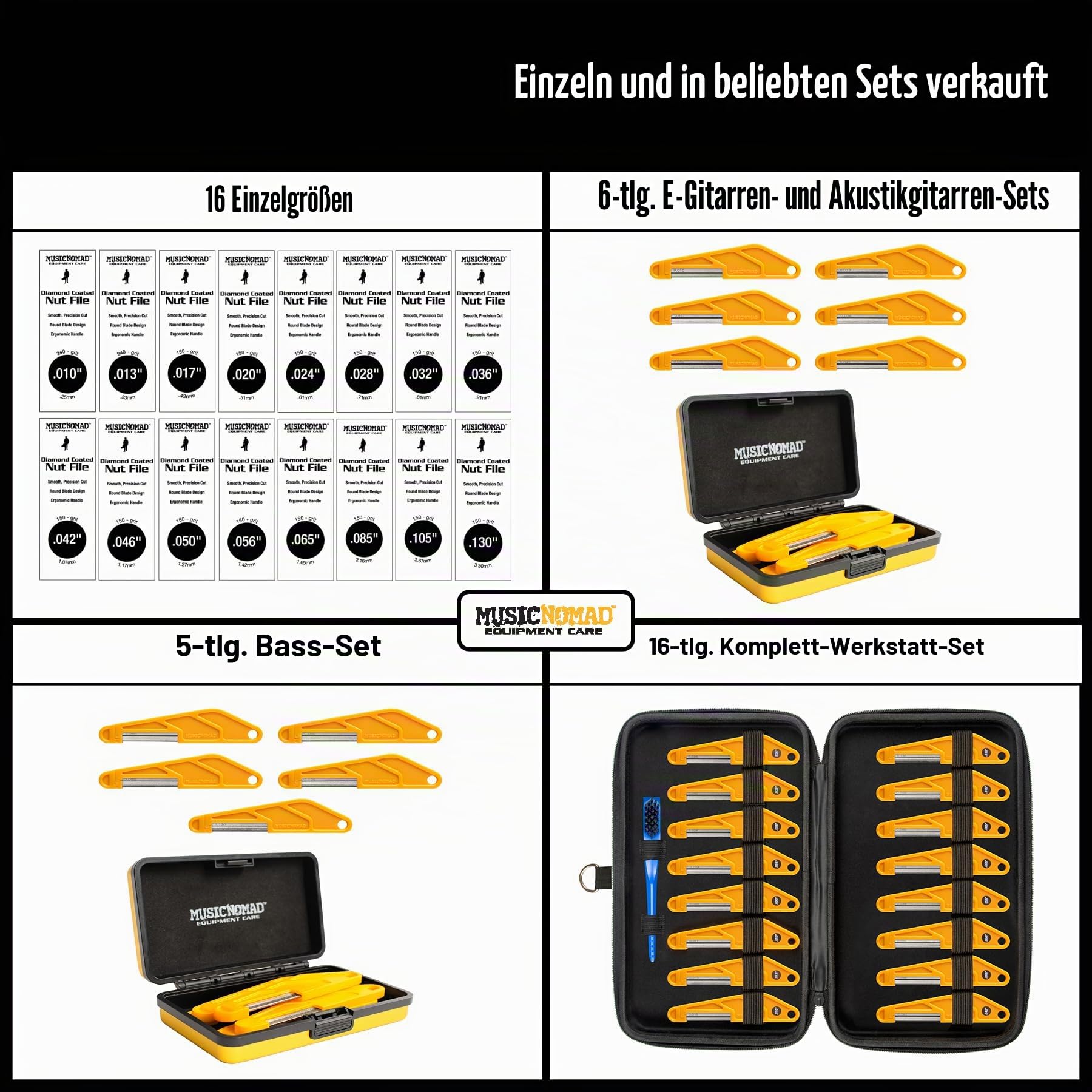 MusicNomad Diamantbeschichtete Mutternfeile Komplett-Set – 16-teilig mit Aufbewahrungsbox und Reinigungsbürste