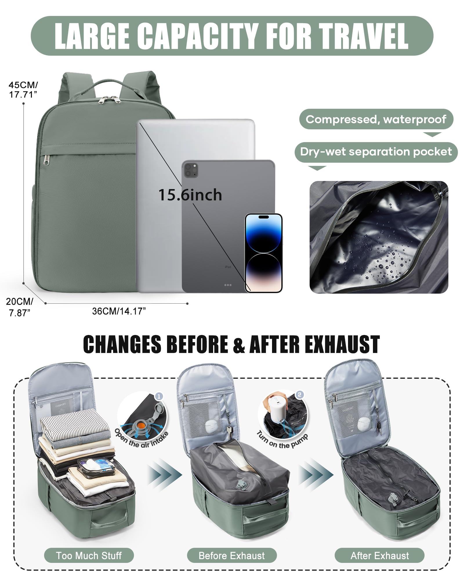 SZLX Plecak Próżniowy Bagaż Podręczny Dla Kobiet, Plecak Z Poduszką i Systemem Próżniowym Do Podróży, Plecak Podróżny Ryanair W Rozmiarze Kabinowym Z Pompką, Wodoodporna Walizka Próżniowa Dla Mężczyzn