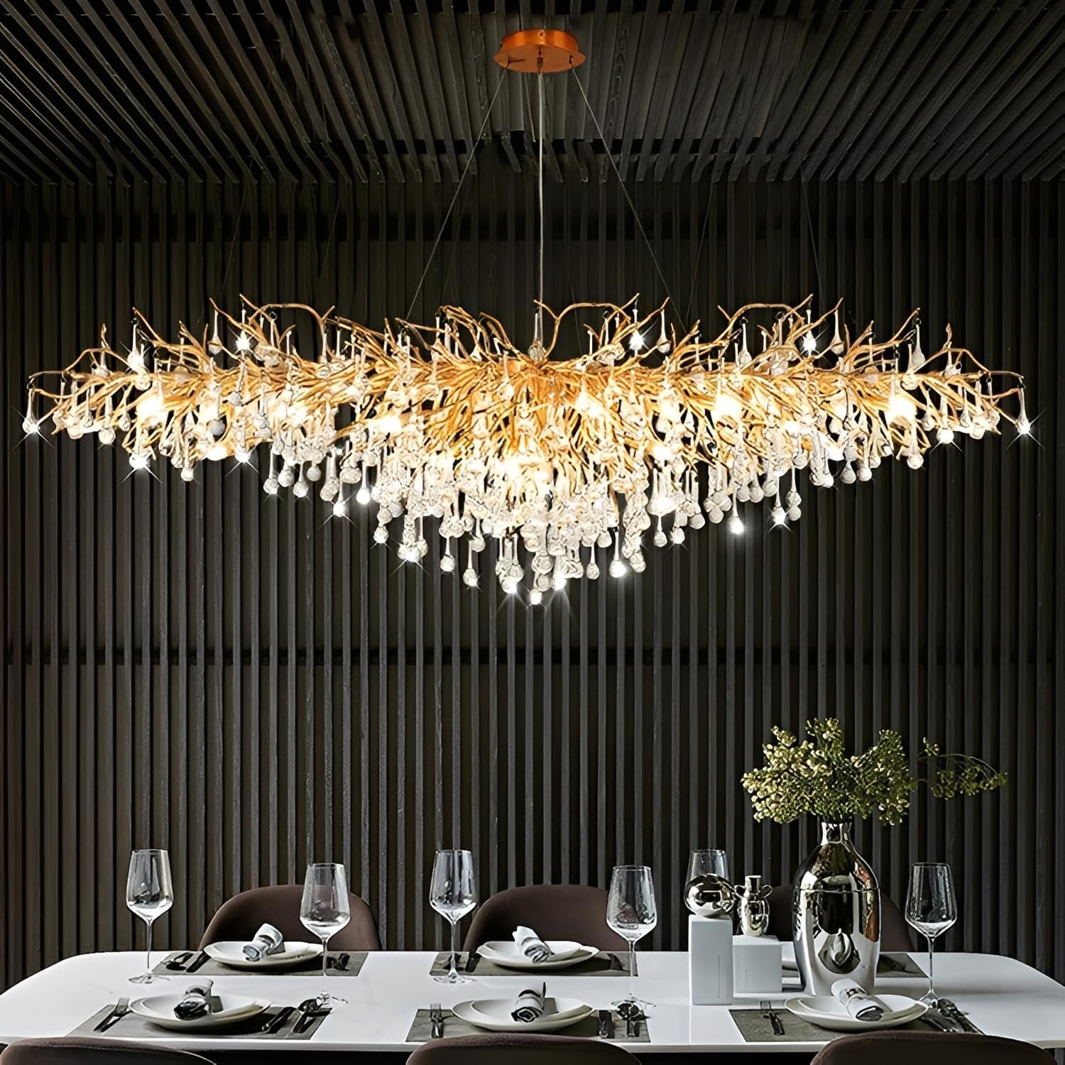 KXEcoLife Modern Crystal Chandelier for Living Room - Tree Branch Chandeliers Large Rectangle Light Fixture, Luxury Raindrop Dining Room, Bedroom, Entryway, Foyer,L140cm