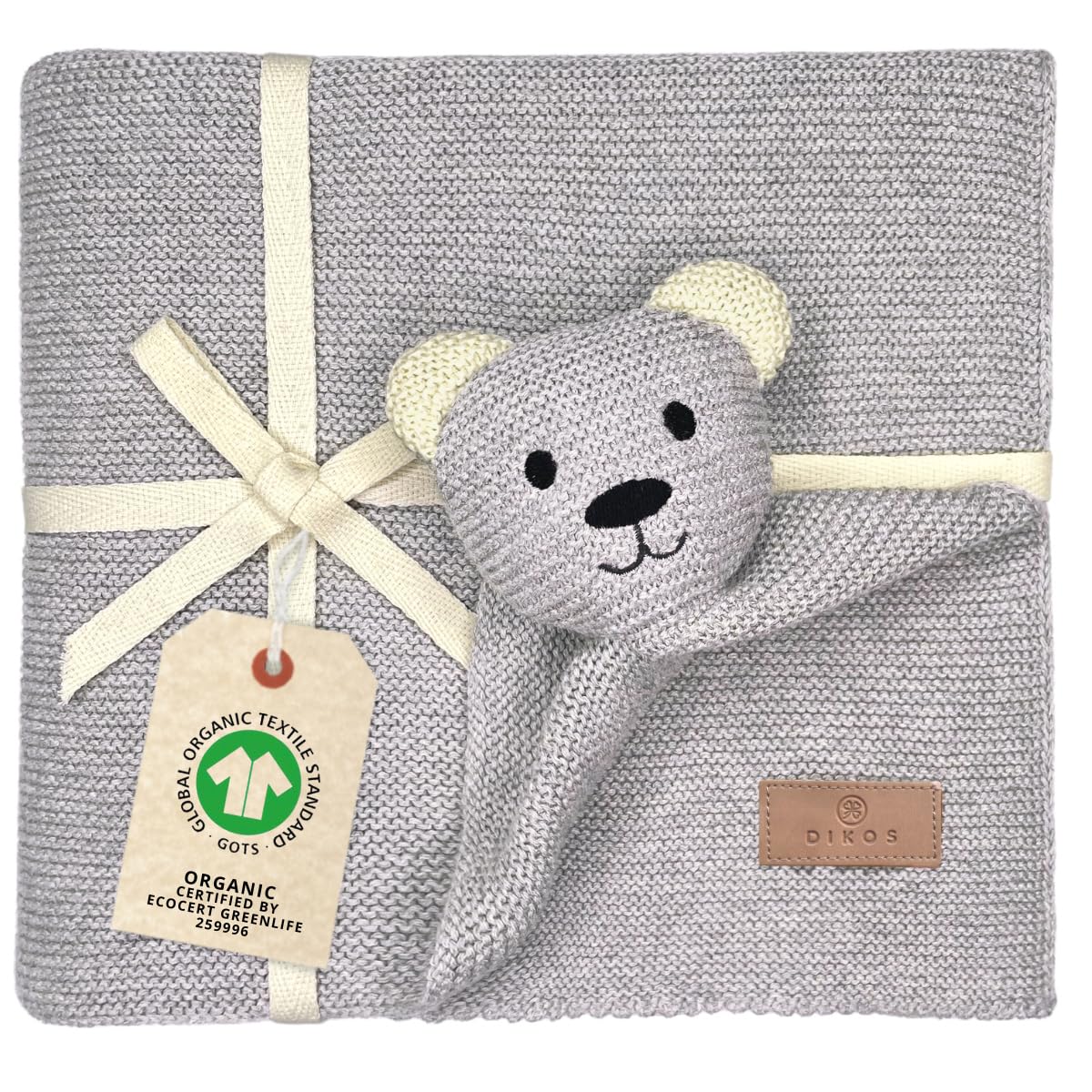 DIKOS Original Babydecke SCHMUSE-Bär (Hellgrau) – Premium 2-in-1 Neugeborenen Kuscheldecke & Schmusetuch – aus weicher gestrickter Bio-Baumwolle (GOTS/Oeko-TEX) – Geschenk zur Geburt Mädchen/Junge