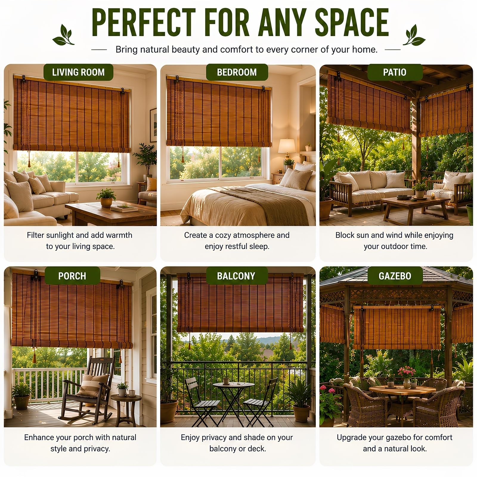 Bambusrollo Innen & Außen, Wetterfestes Aufrollrollo mit Sichtschutz und Lichtfilterung für Outdoor Terrasse, Pergola, Balkon, Pavillon und Garten(180Bx230Hcm)