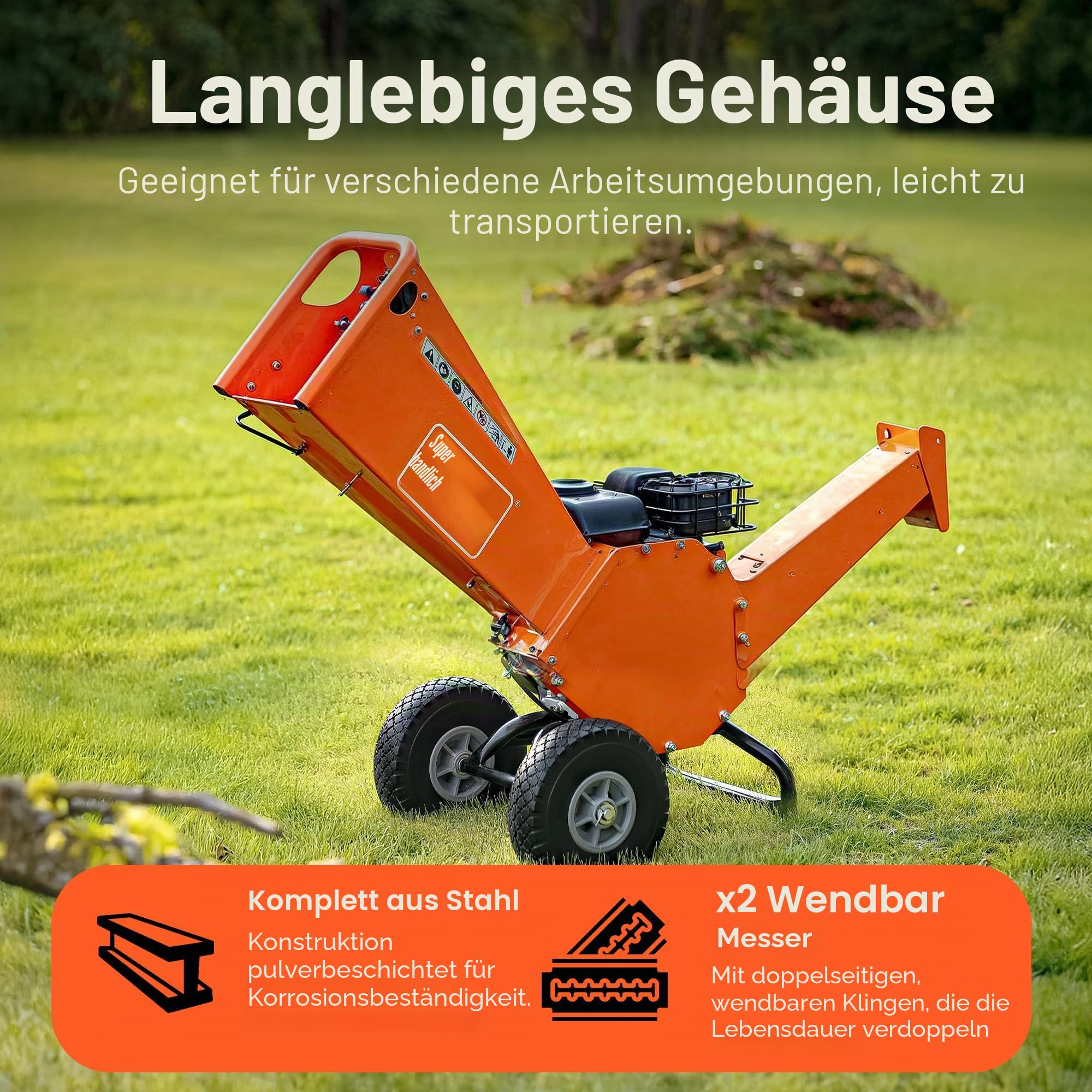 SuperHandy Häcksler, 196-cm³-Motor, Äste bis 50 mm, 15:1 Reduktion | Für Gartenpflege, Landschaftsarbeiten und Astschnitt; Stahlbau und robuste, kompakte Rotorbauweise für wiederholten Einsatz